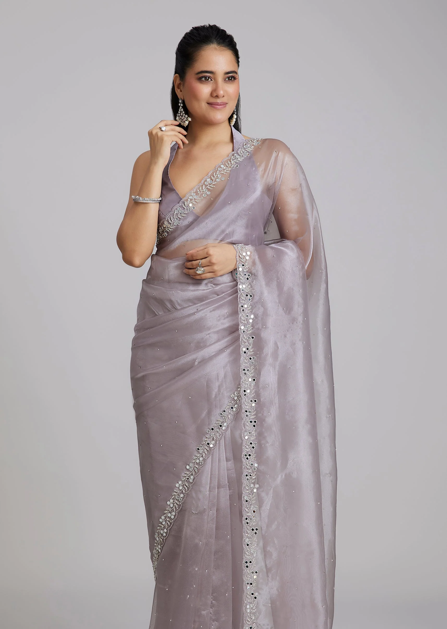 Lavender Tissue Saree With Cutdana Scallop Border - Image 5