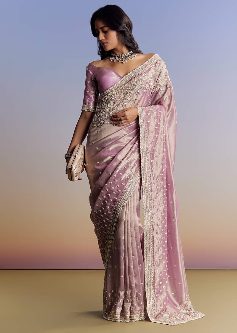 Lavender Tissue Saree With Cutdana Sequin And Bead Embroidery - Image 3