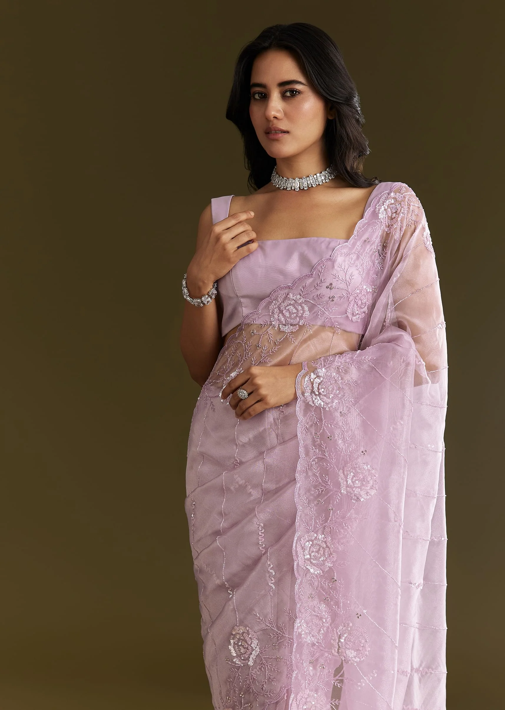 Lavender Tissue Saree With Floral Embroidery And Scallop Border - Image 5