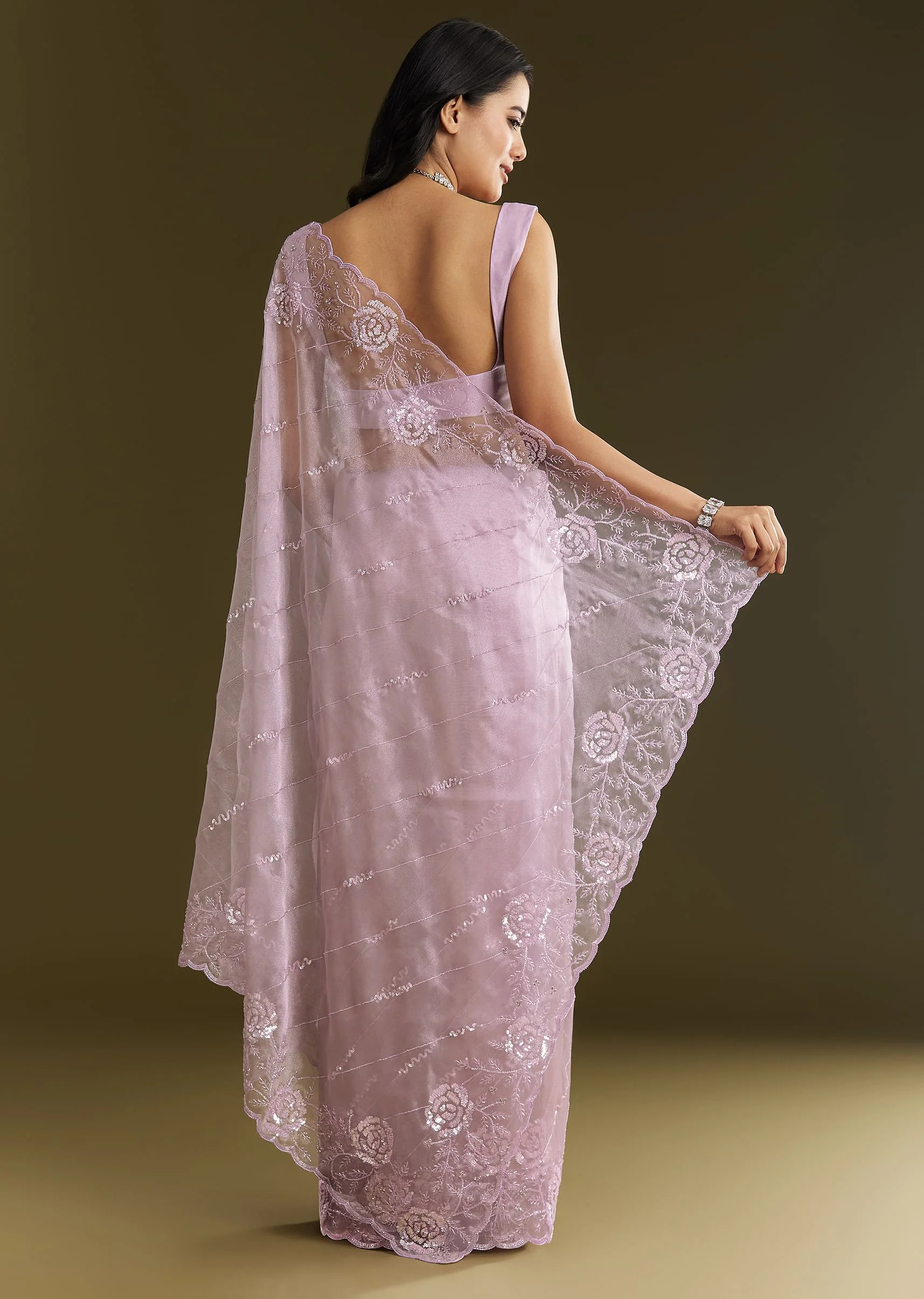 Lavender Tissue Saree With Floral Embroidery And Scallop Border - Image 6