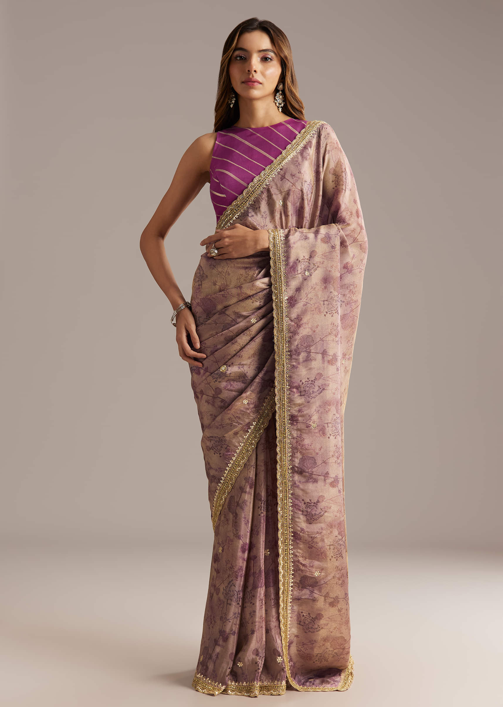 Lavender Tissue Saree With Mirror And Cutdana Embroidery