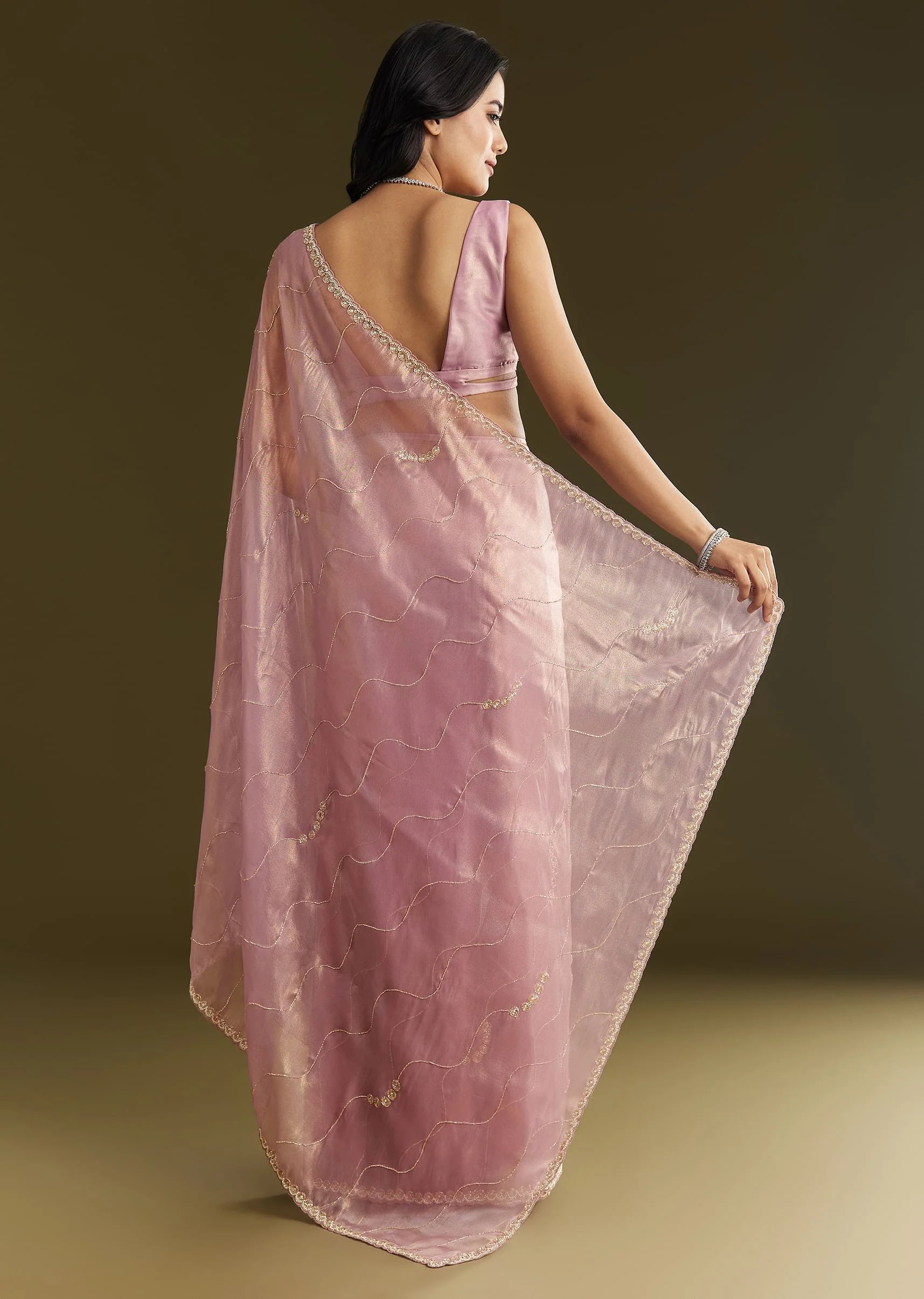 Lavender Tissue Saree With Moti And Cutdana Embroidery And Scallop Border - Image 6