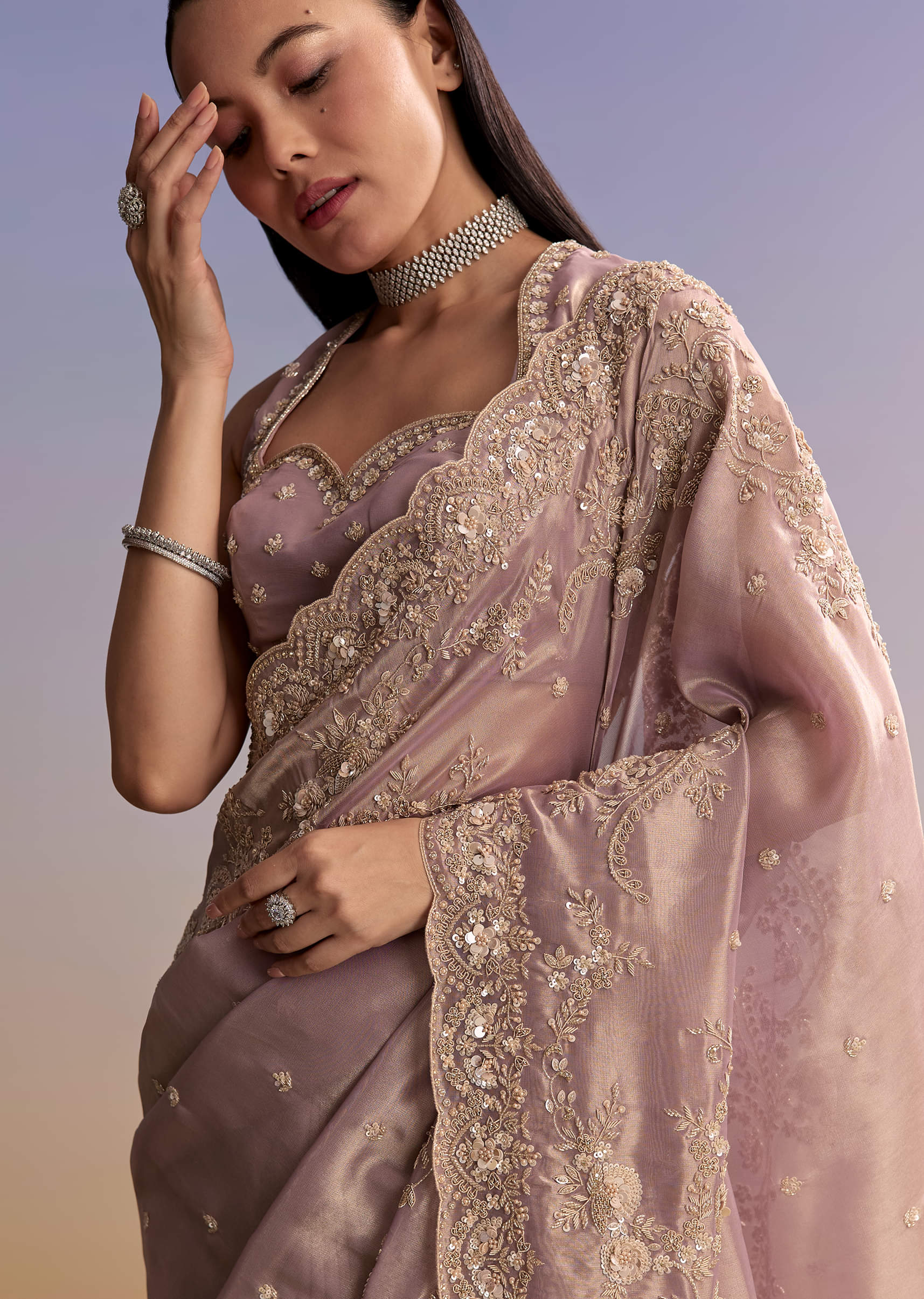 Lavender Tissue Saree With Zardosi And Sequin Embroidery - Image 4