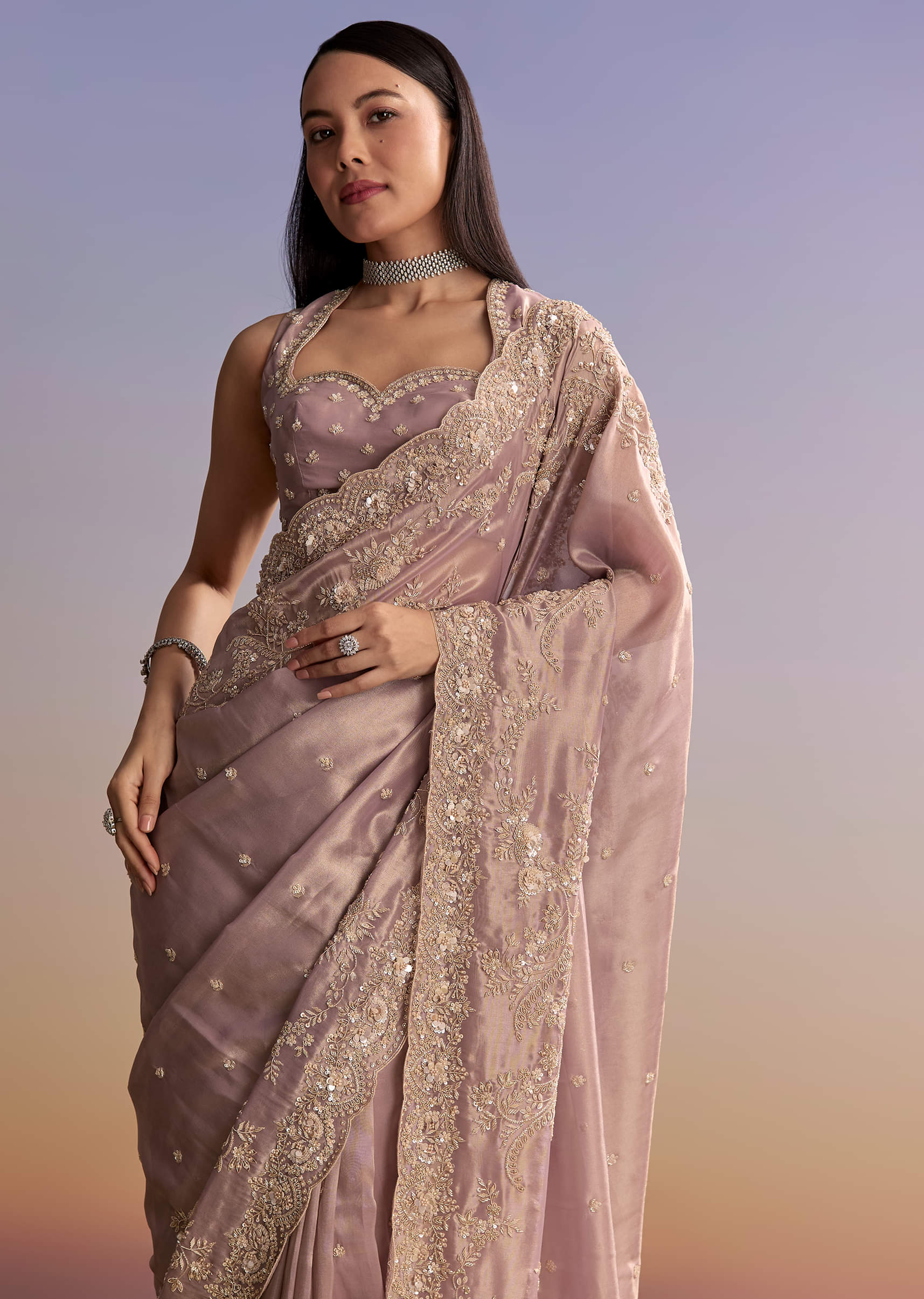 Lavender Tissue Saree With Zardosi And Sequin Embroidery - Image 5