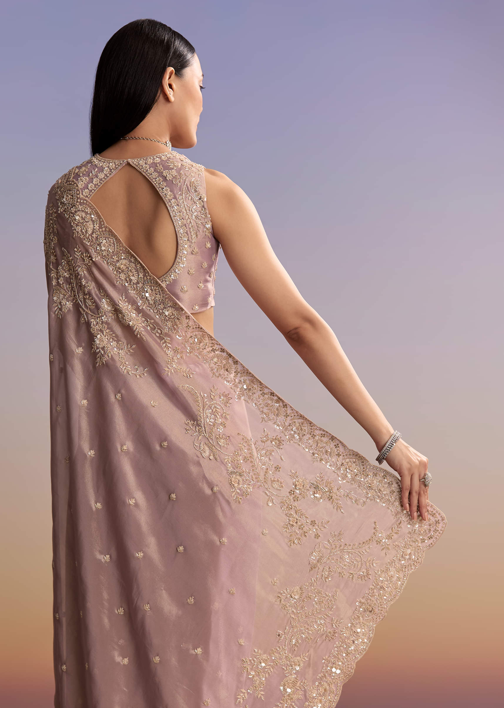 Lavender Tissue Saree With Zardosi And Sequin Embroidery - Image 6