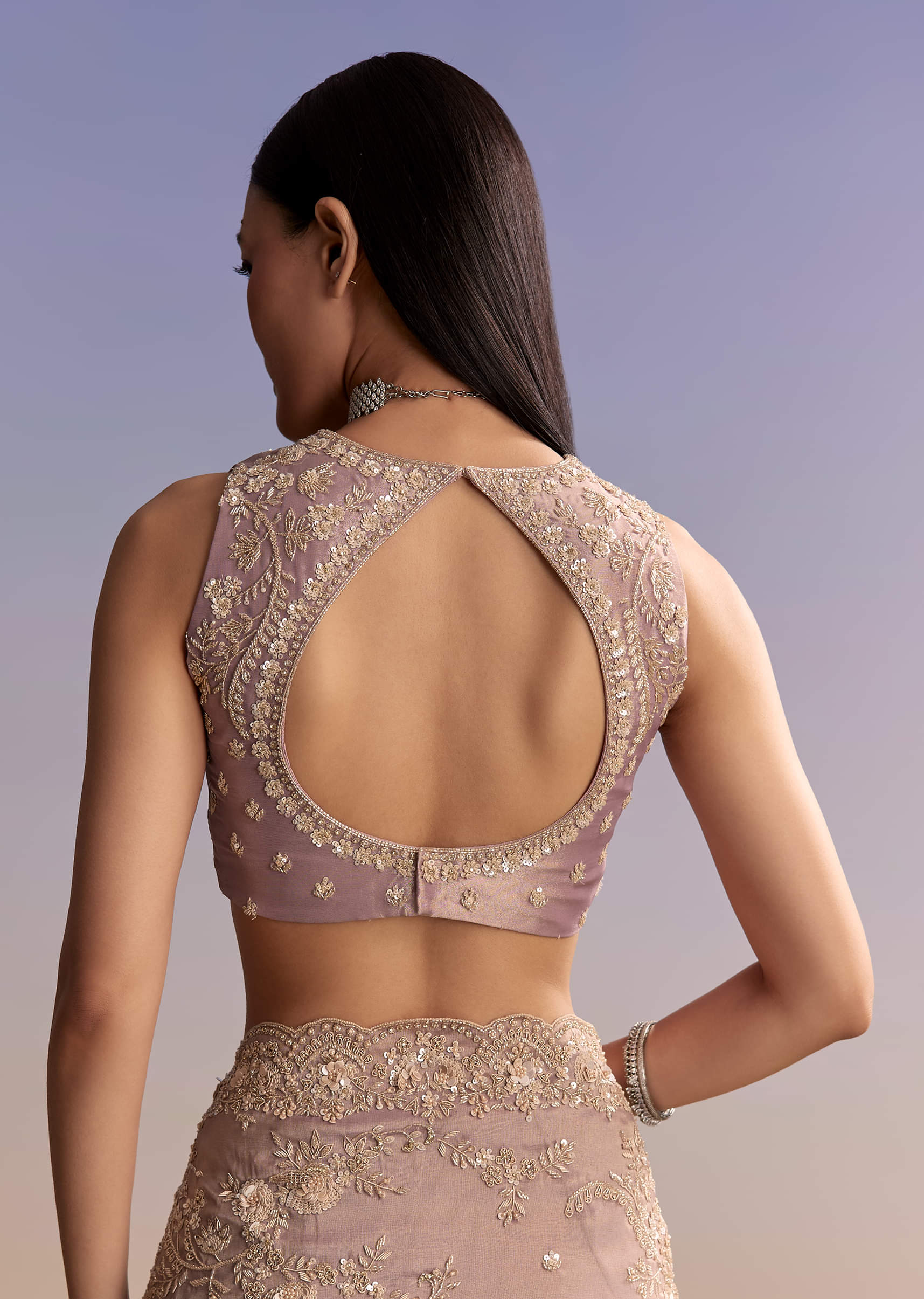 Lavender Tissue Saree With Zardosi And Sequin Embroidery - Image 7