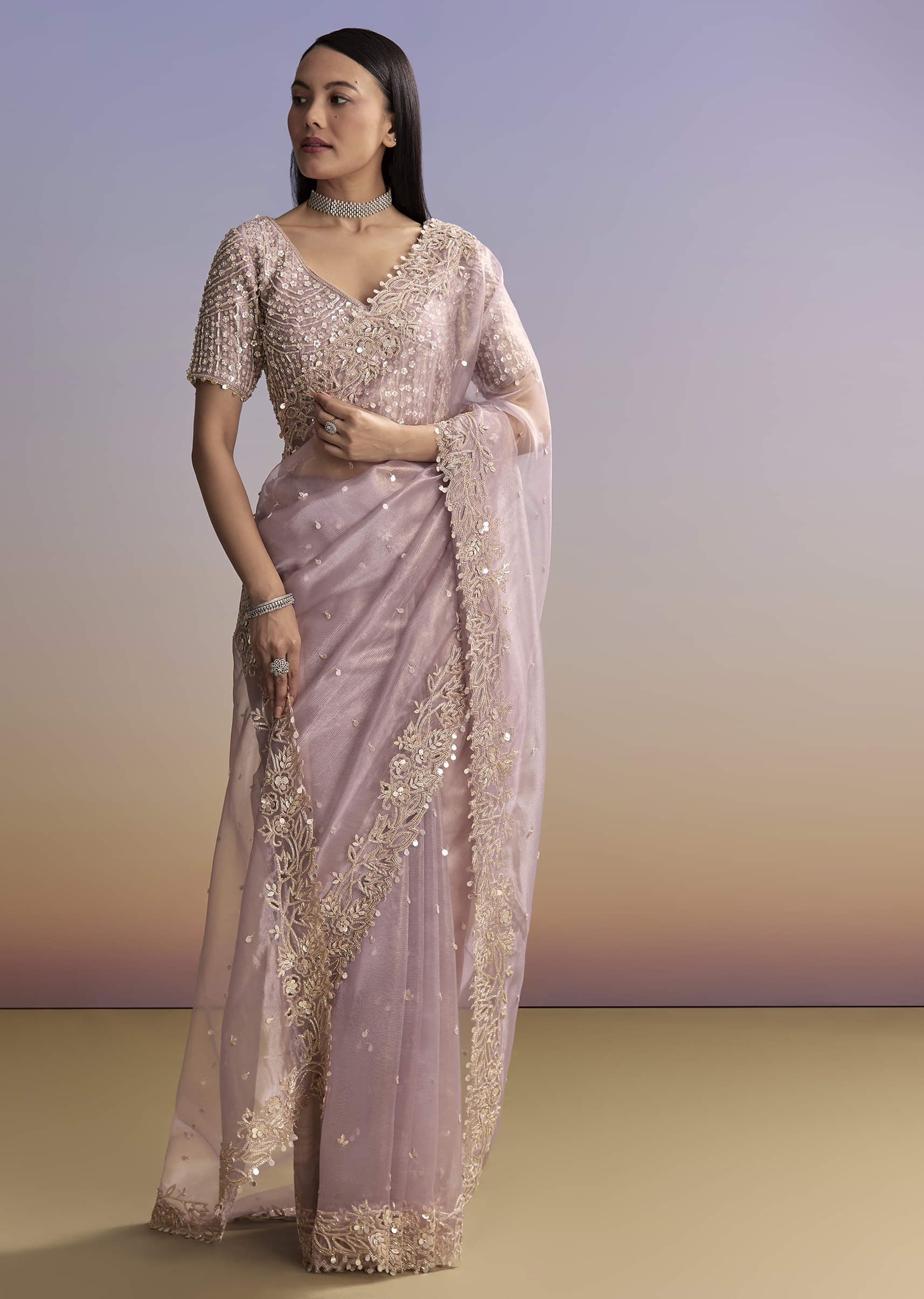 Lavender Tissue Saree With Zardosi And Sequin Embroidery - Image 9
