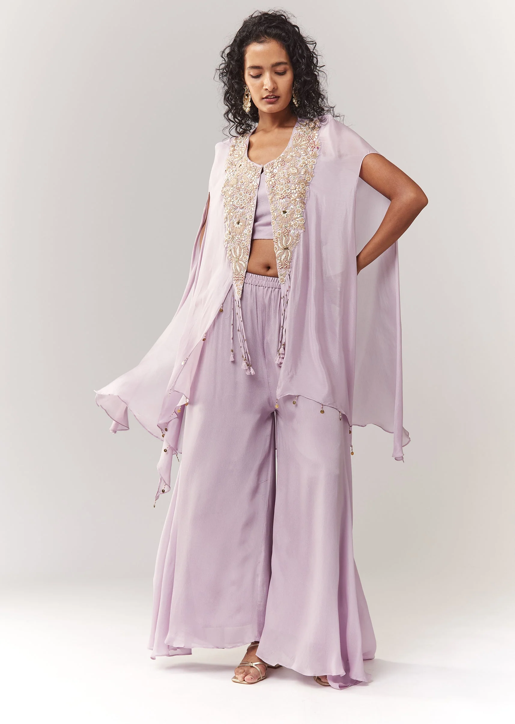 Lavender Zardosi And Moti Work Cape Set With Palazzo - Image 3
