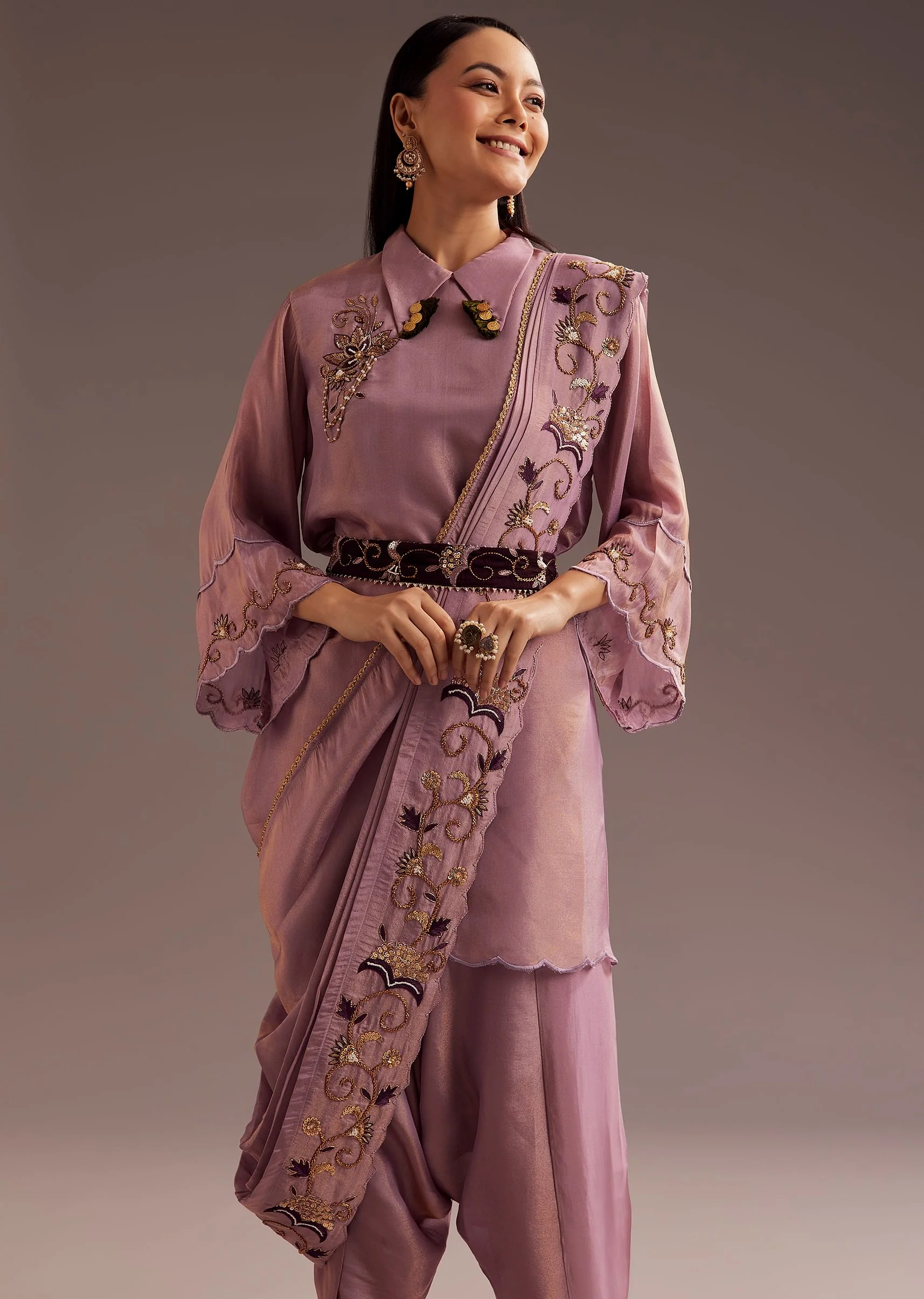 Lavender Zardosi Kurta With Embroidered Dupatta Belt - Image 4