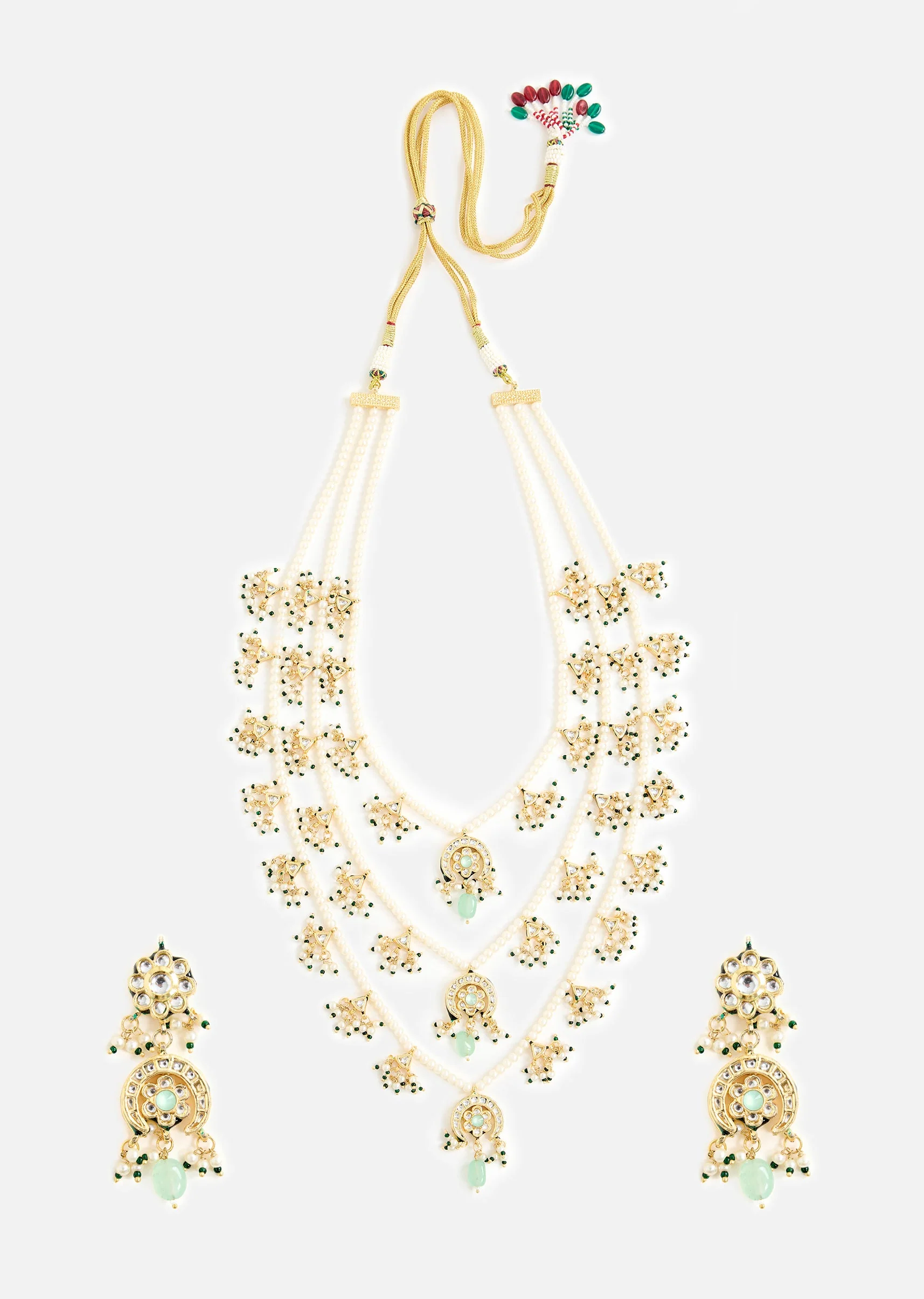 Layered Pearl Necklace And Earring Set With Gold Tone Motifs and Green Stone Accents - Image 2