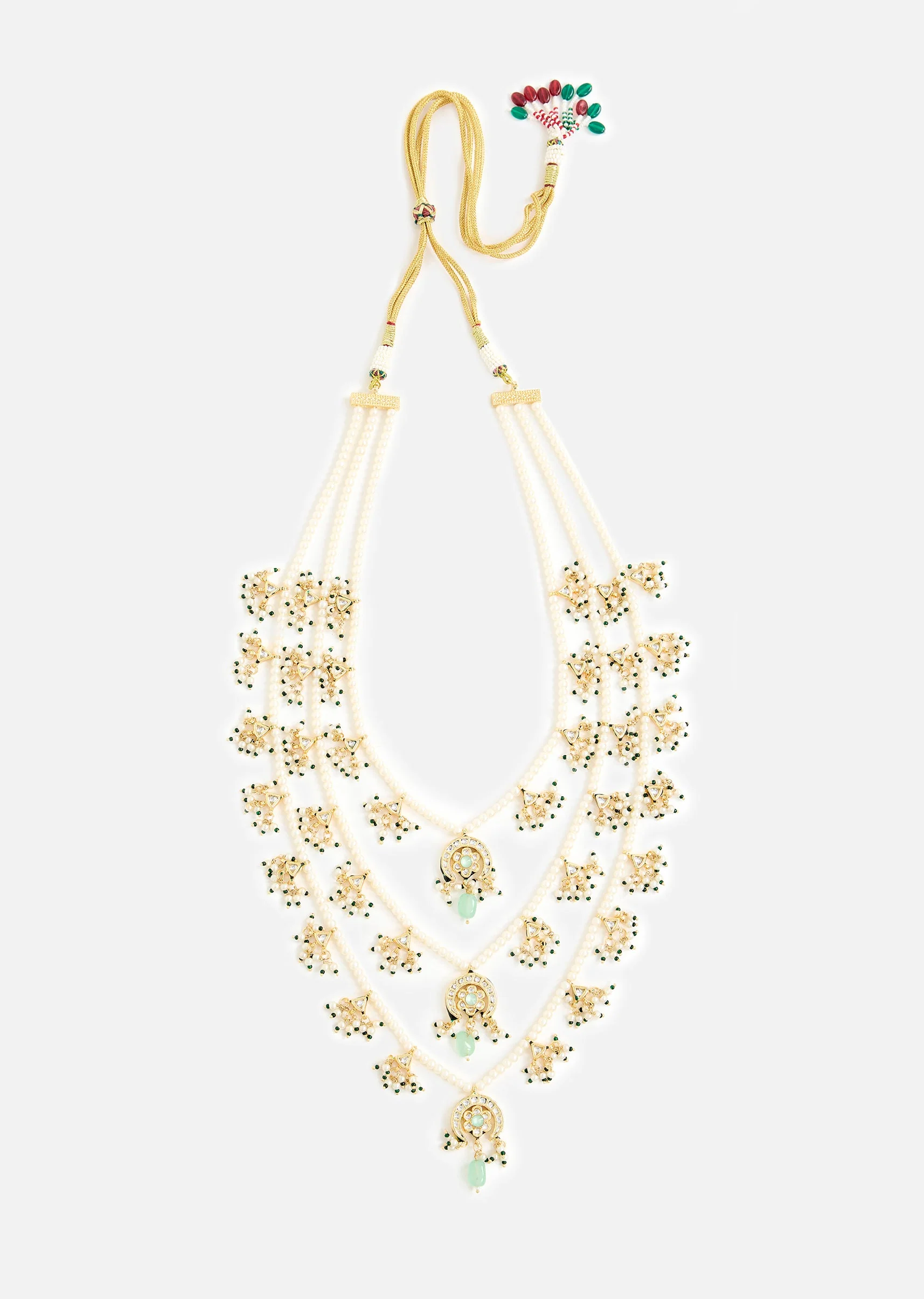 Layered Pearl Necklace And Earring Set With Gold Tone Motifs and Green Stone Accents - Image 3