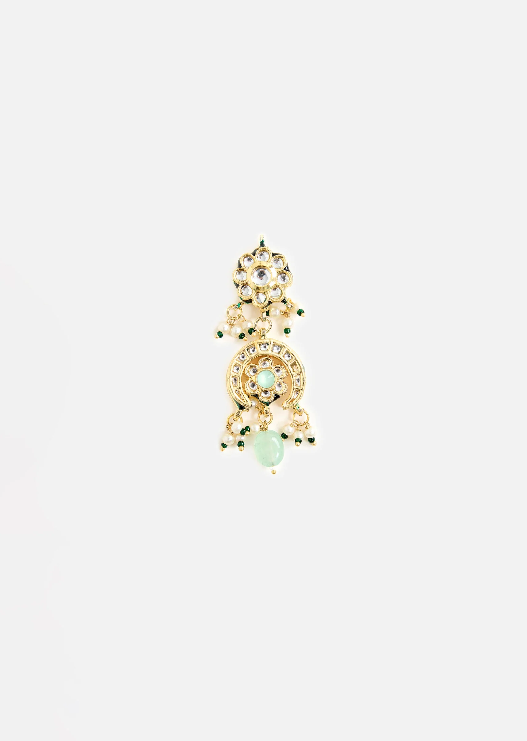Layered Pearl Necklace And Earring Set With Gold Tone Motifs and Green Stone Accents - Image 5