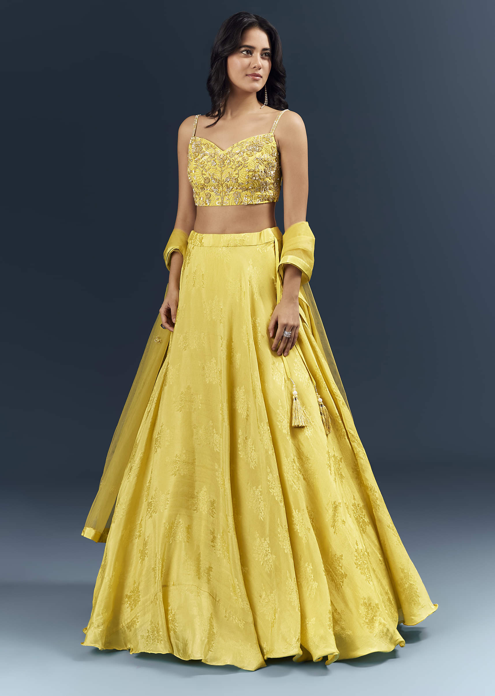 Lemon Yellow Banarasi Silk Bridesmaid Lehenga With Heavy Hand Embroidery - Image 4