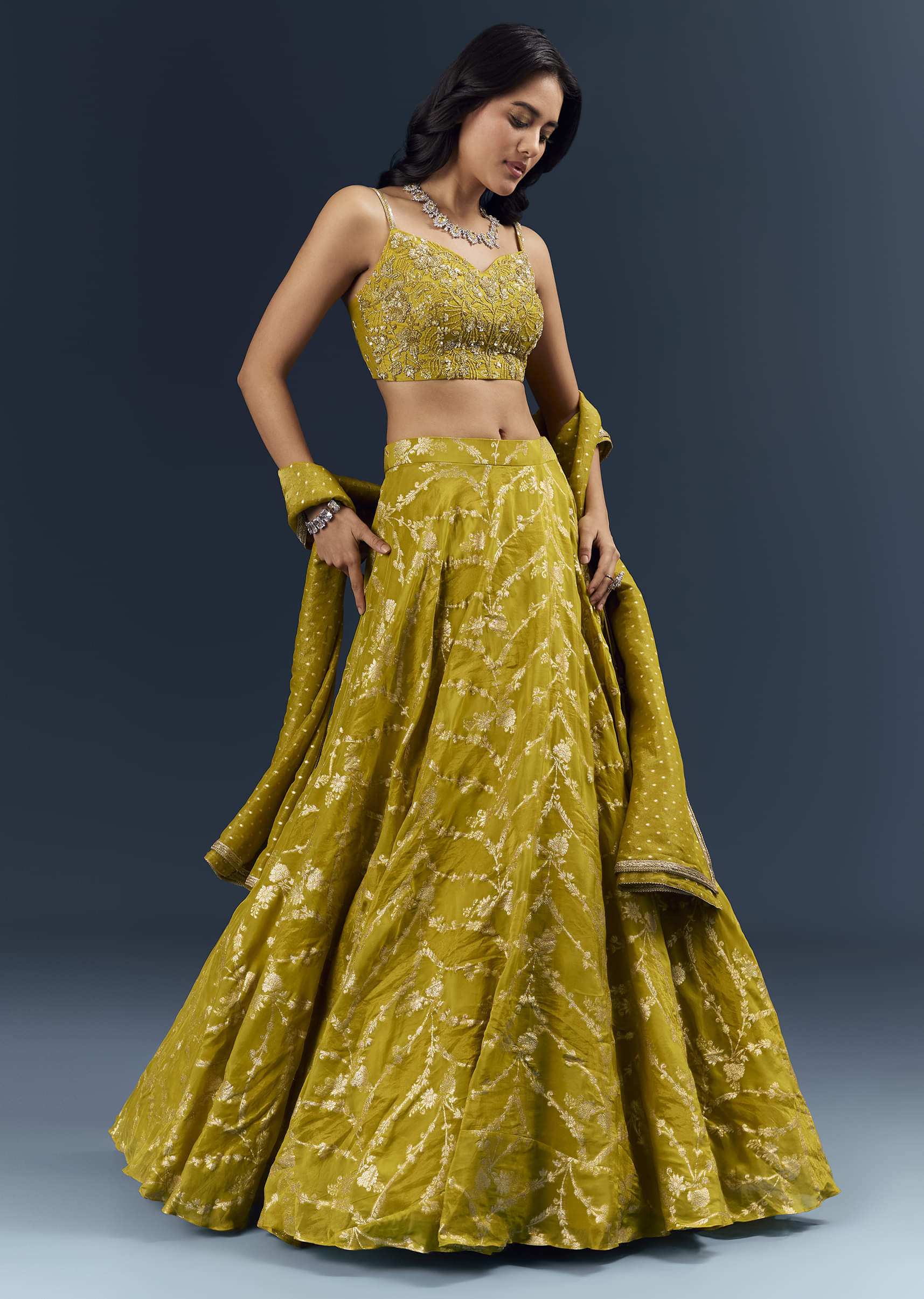 Lemon Yellow Banarasi Silk Bridesmaid Lehenga With Intricate Hand Embroidery - Image 4