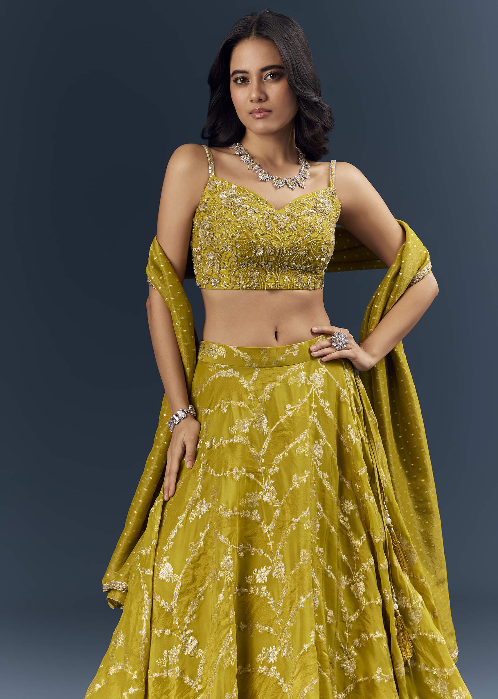 Lemon Yellow Banarasi Silk Bridesmaid Lehenga With Intricate Hand Embroidery - Image 5