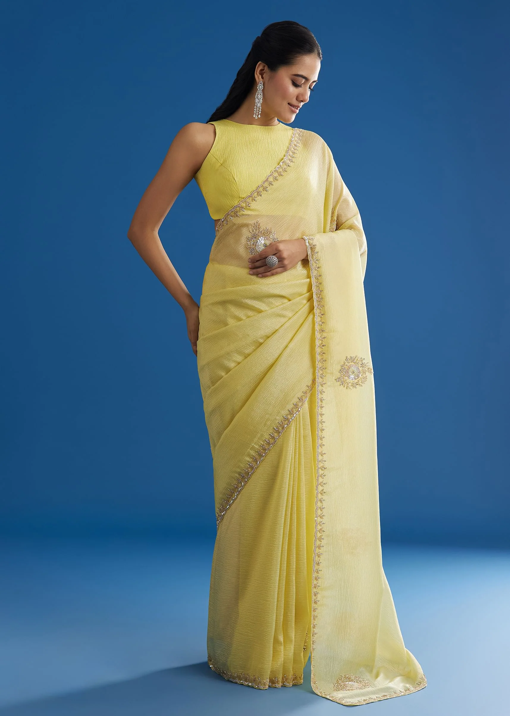 Lemon Yellow Crushed Tissue Saree With Embroidered Scallop Border - Image 3