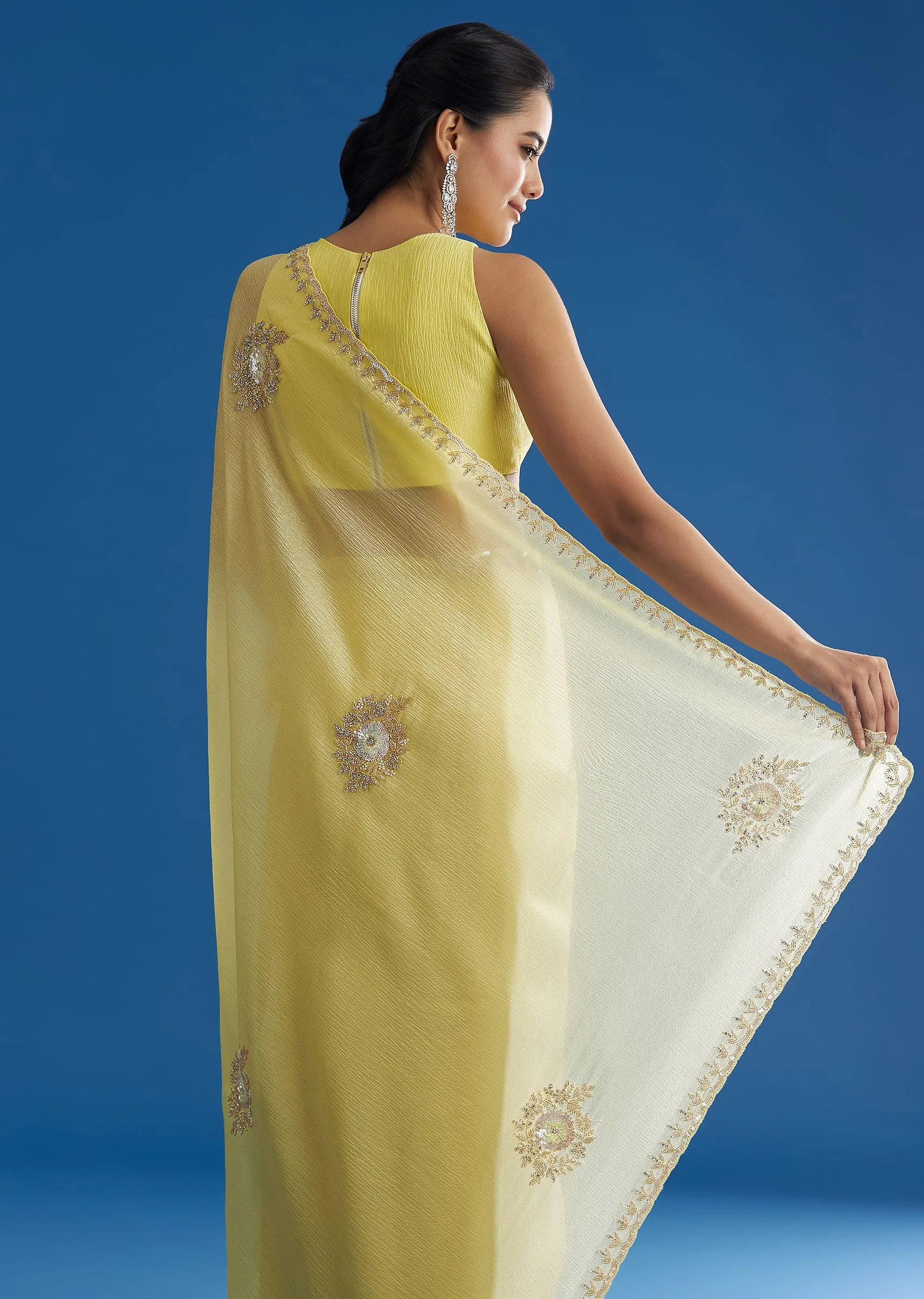 Lemon Yellow Crushed Tissue Saree With Embroidered Scallop Border - Image 4