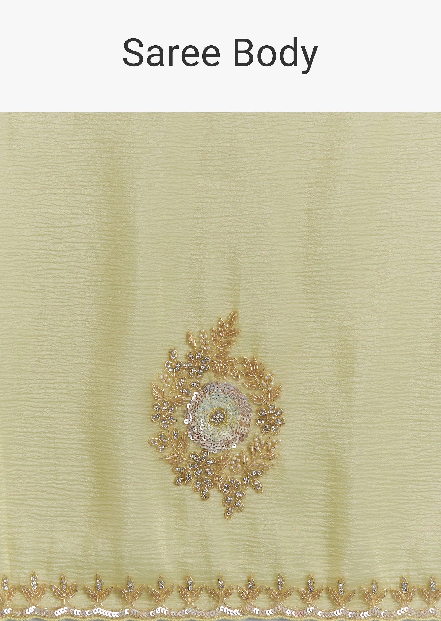 Lemon Yellow Crushed Tissue Saree With Embroidered Scallop Border - Image 9
