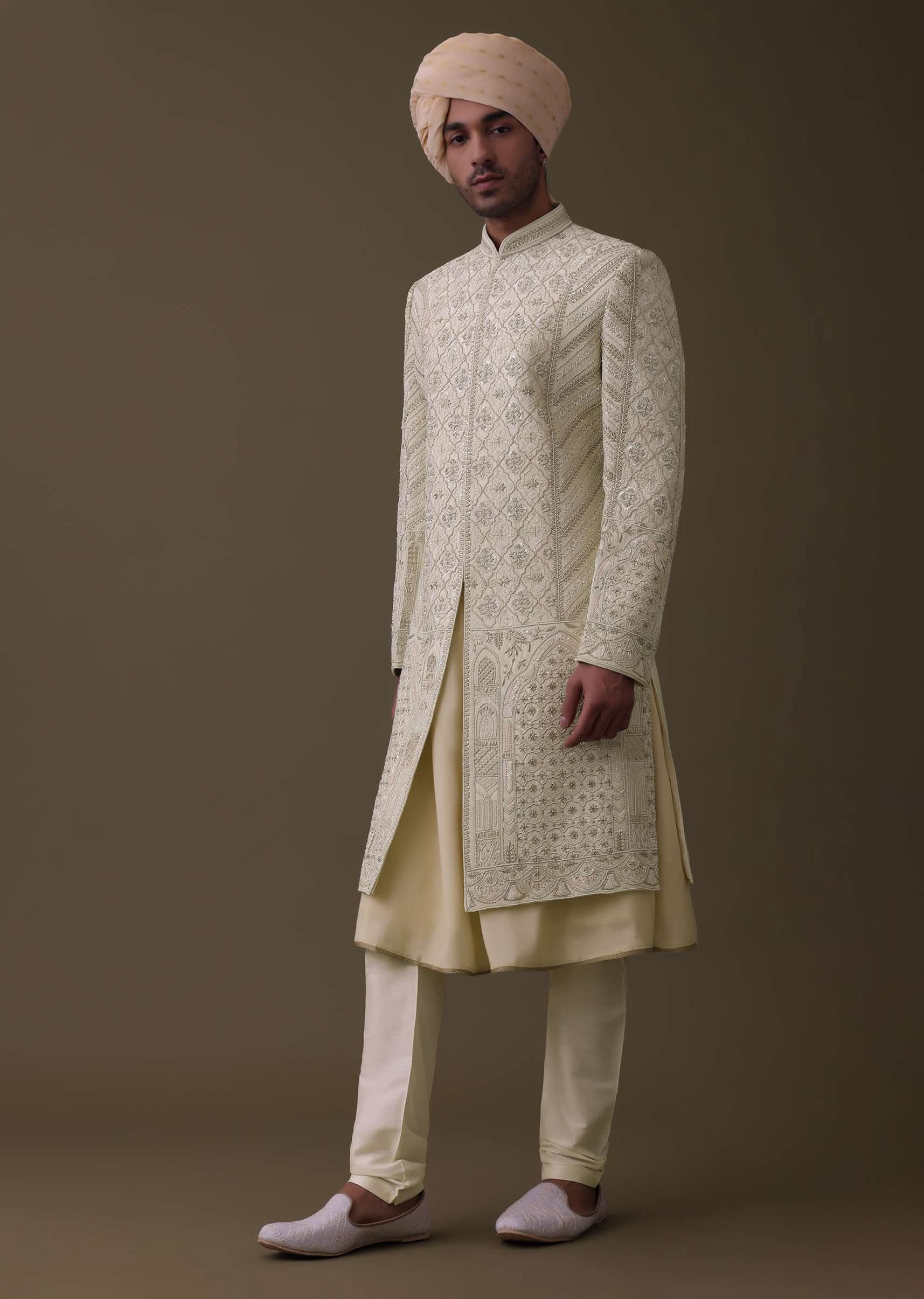 Lemon Yellow Embroidered Sherwani Set In Silk With Mala And Anarkali Line Kurta - Image 3