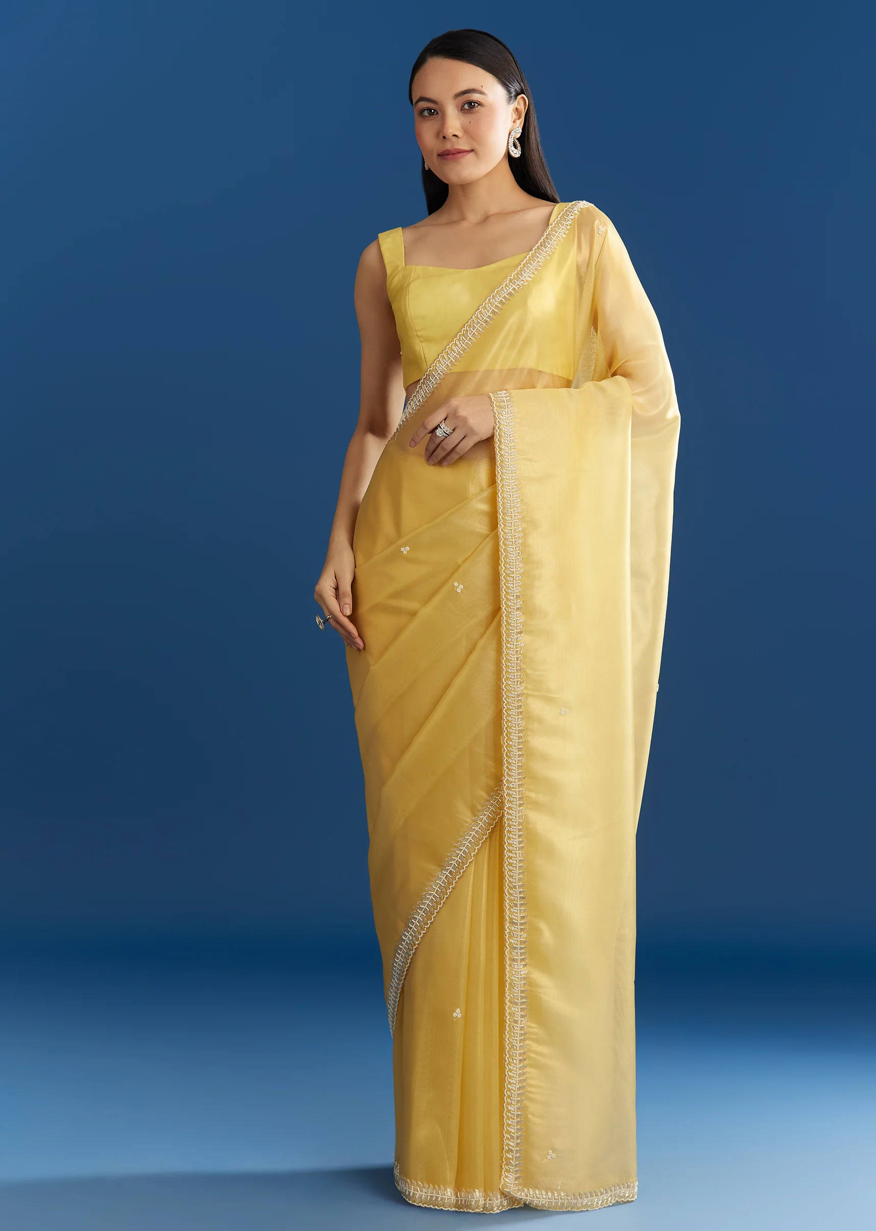 Lemon Yellow Organza Tissue Saree With Beaded Border - Image 3