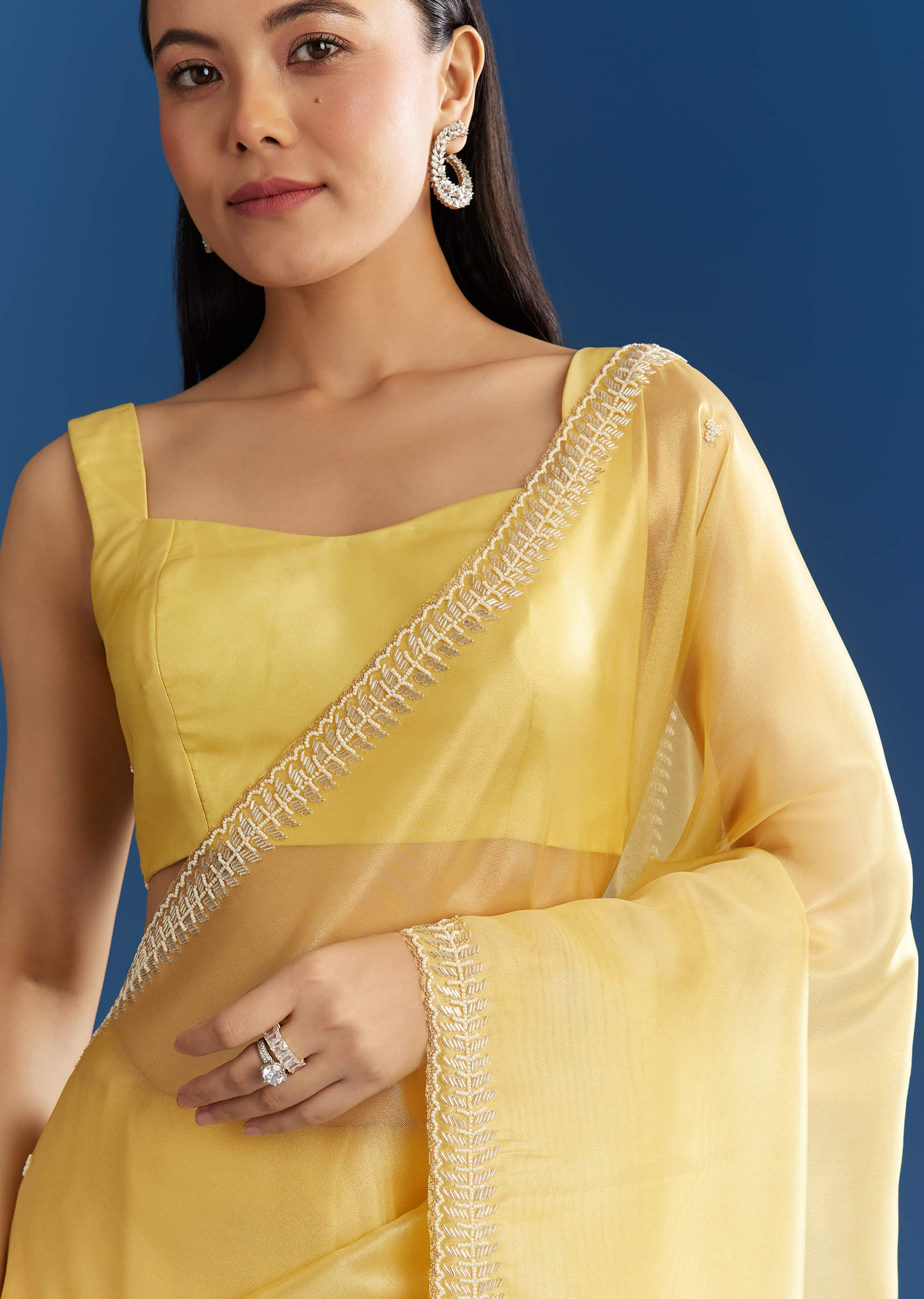 Lemon Yellow Organza Tissue Saree With Beaded Border - Image 5