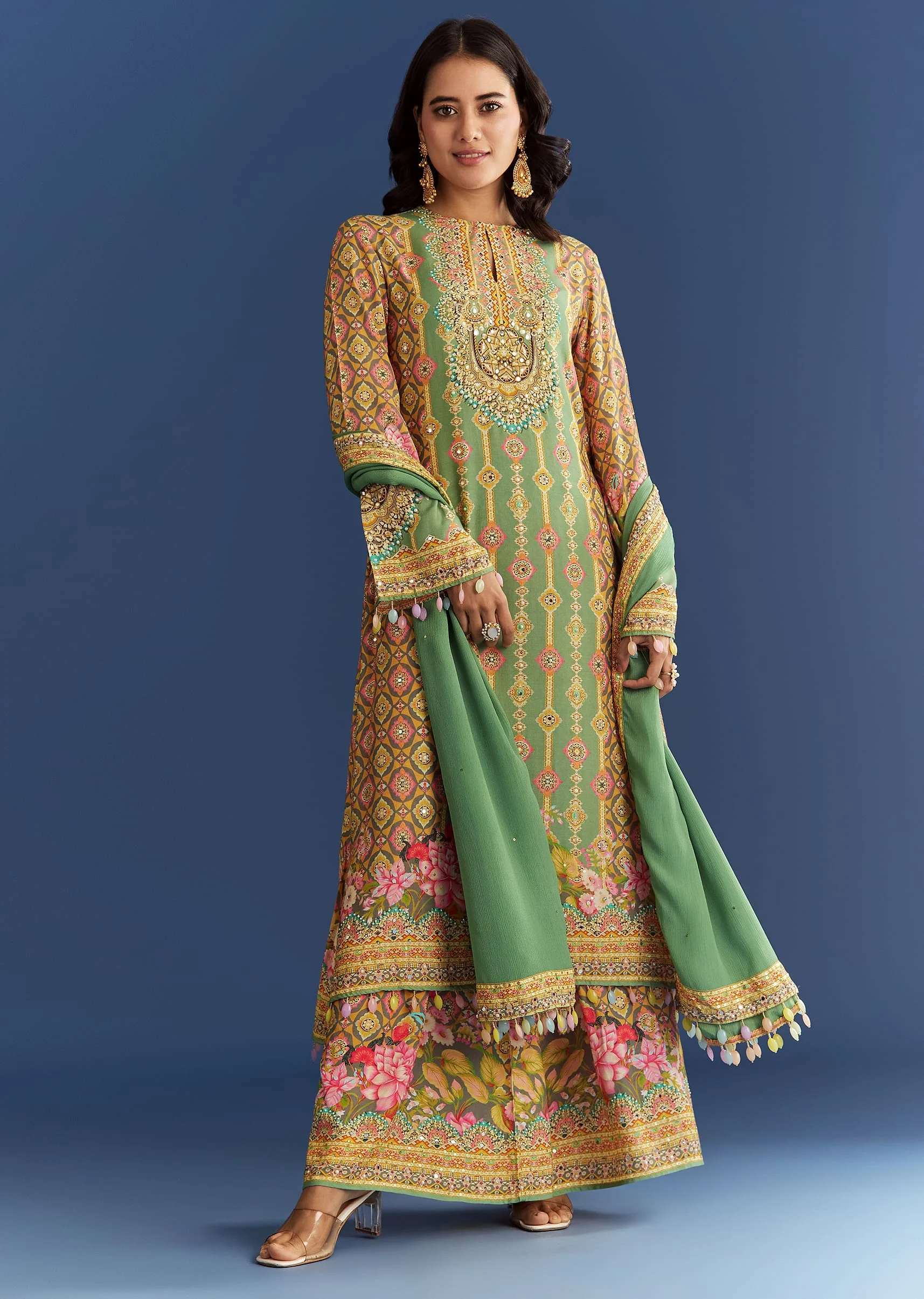 Light Aqua Green Cotton Muslin Kurta Dupatta With Printed Palazzo