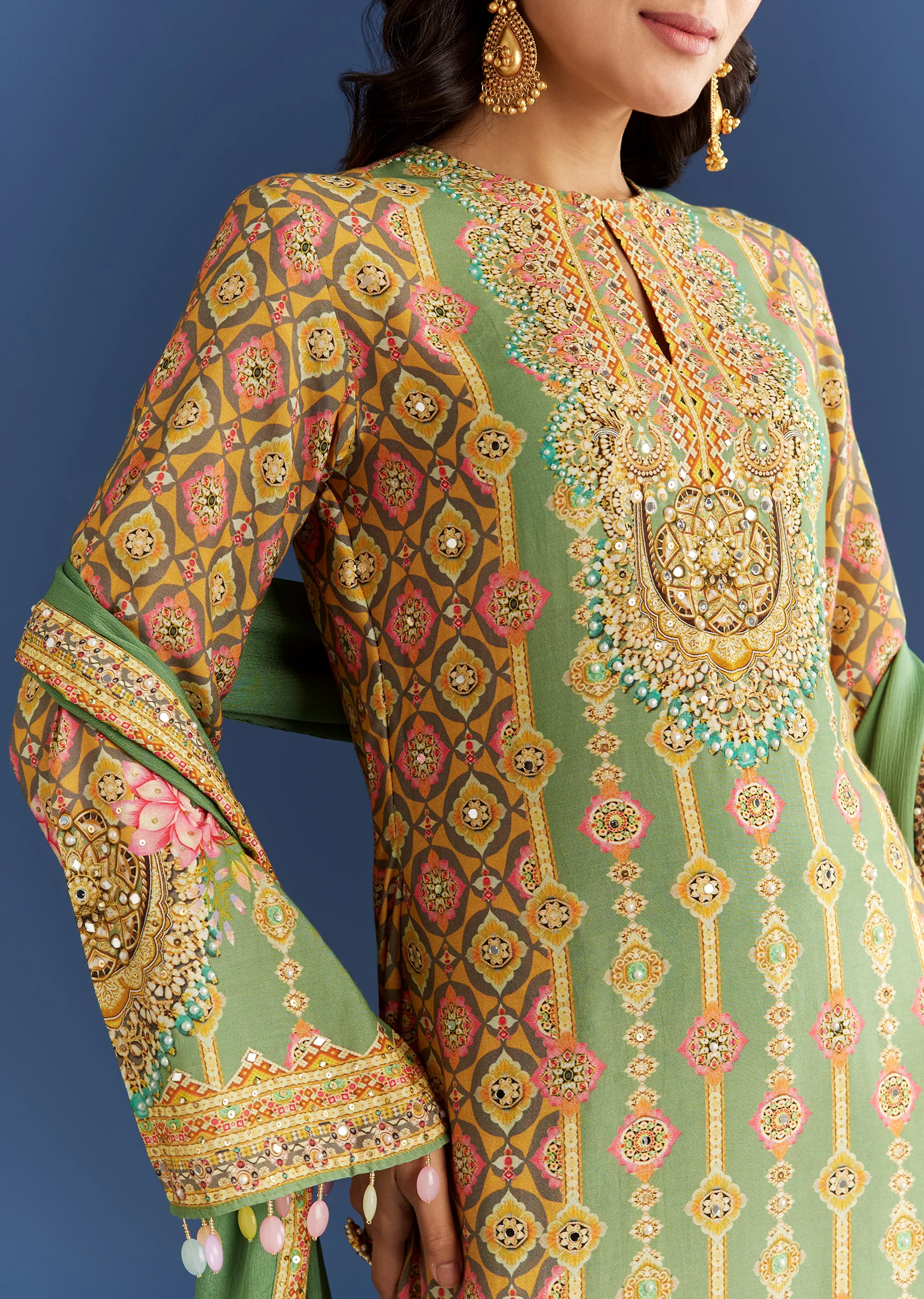 Light Aqua Green Cotton Muslin Kurta Dupatta With Printed Palazzo - Image 2