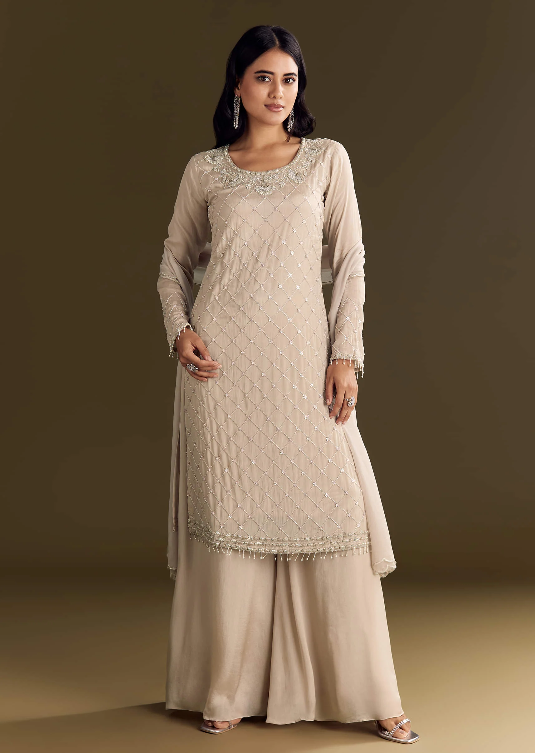 Light Beige Chinon Kurta Palazzo With Scallop Cutdana Dupatta - Image 2