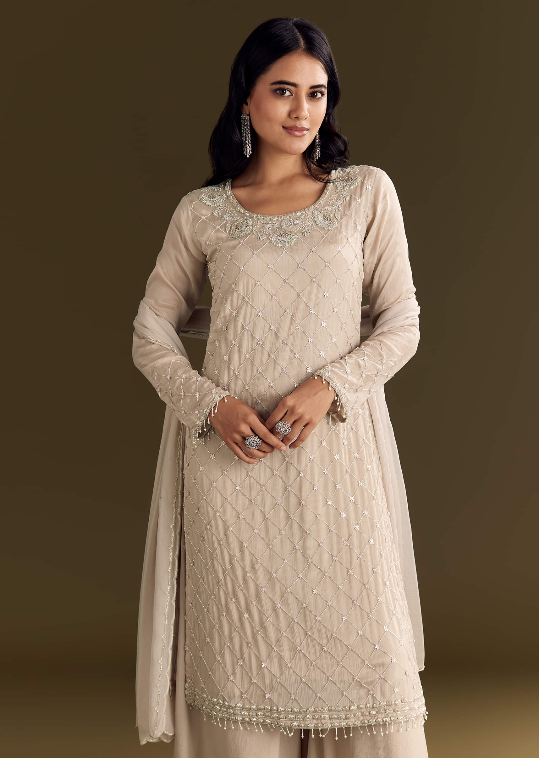 Light Beige Chinon Kurta Palazzo With Scallop Cutdana Dupatta - Image 3