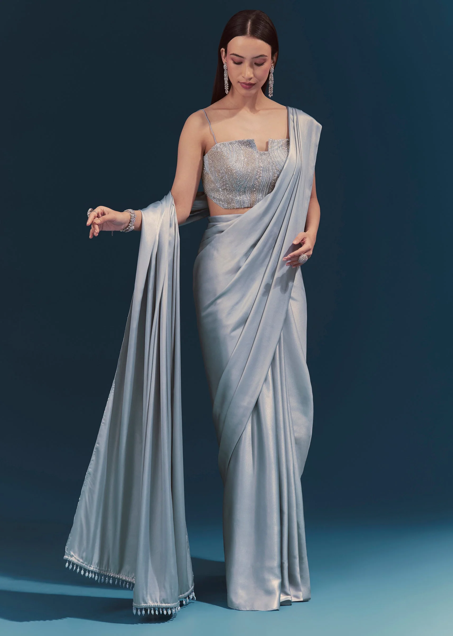Light Blue Corset Blouse With Unstitched Saree