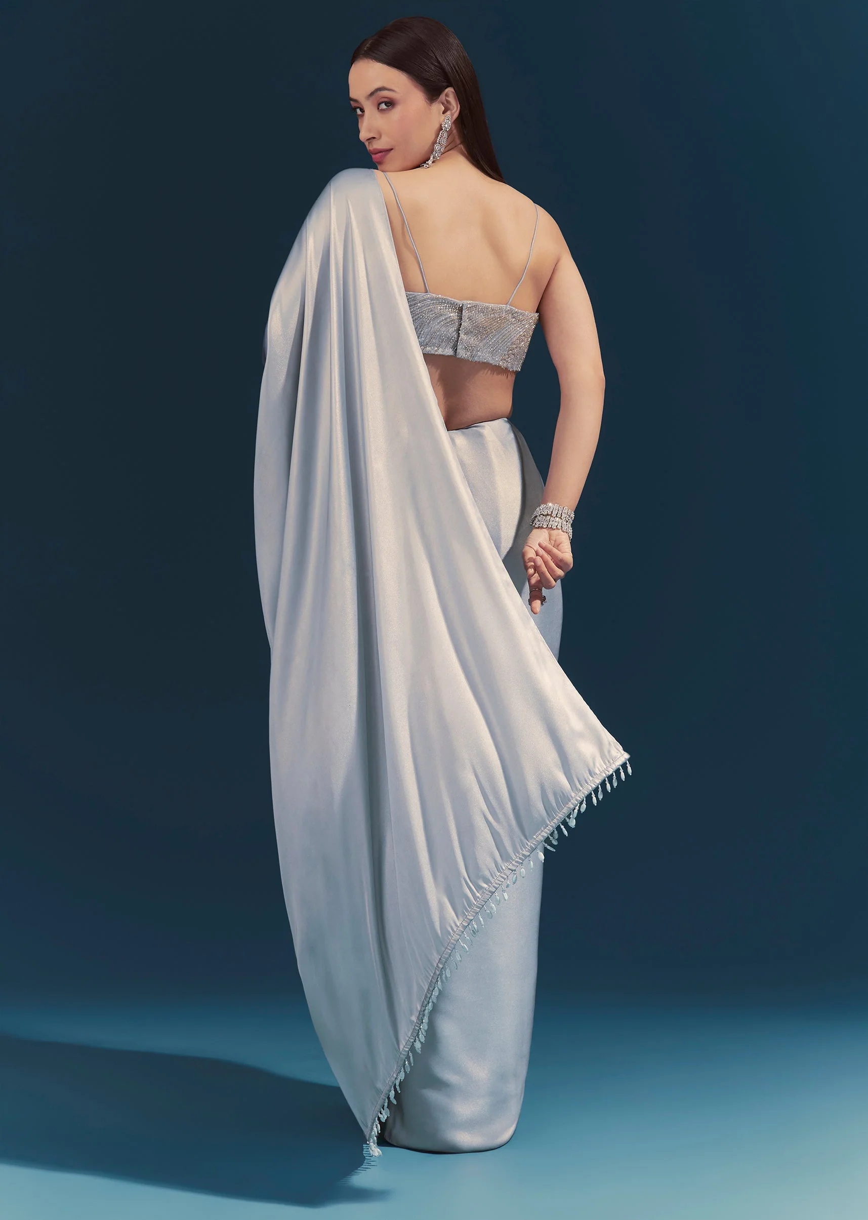 Light Blue Corset Blouse With Unstitched Saree - Image 2