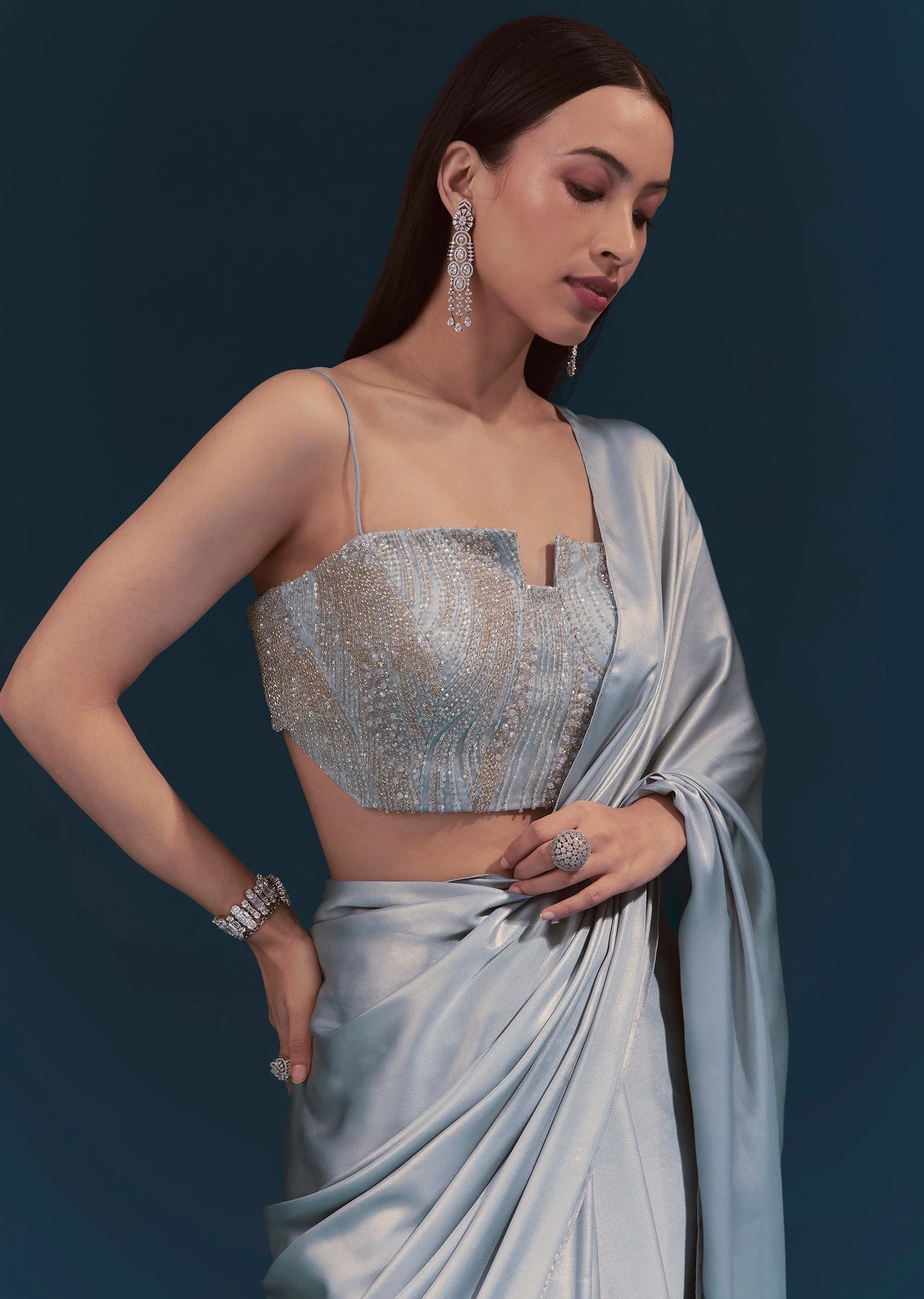 Light Blue Corset Blouse With Unstitched Saree - Image 3