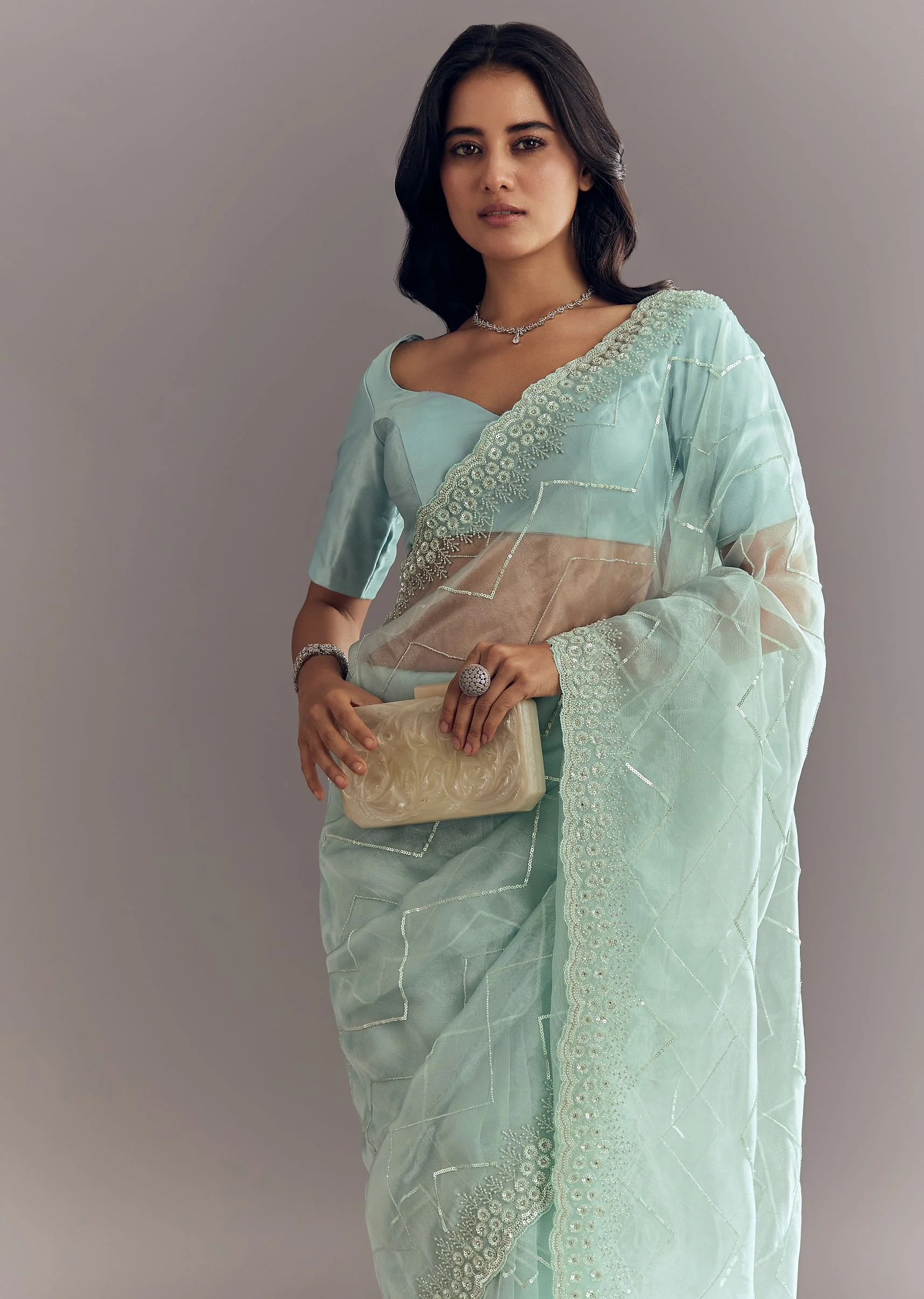 Light Blue Glass Tissue Saree With Stone Embroidery And Scallop Border - Image 2