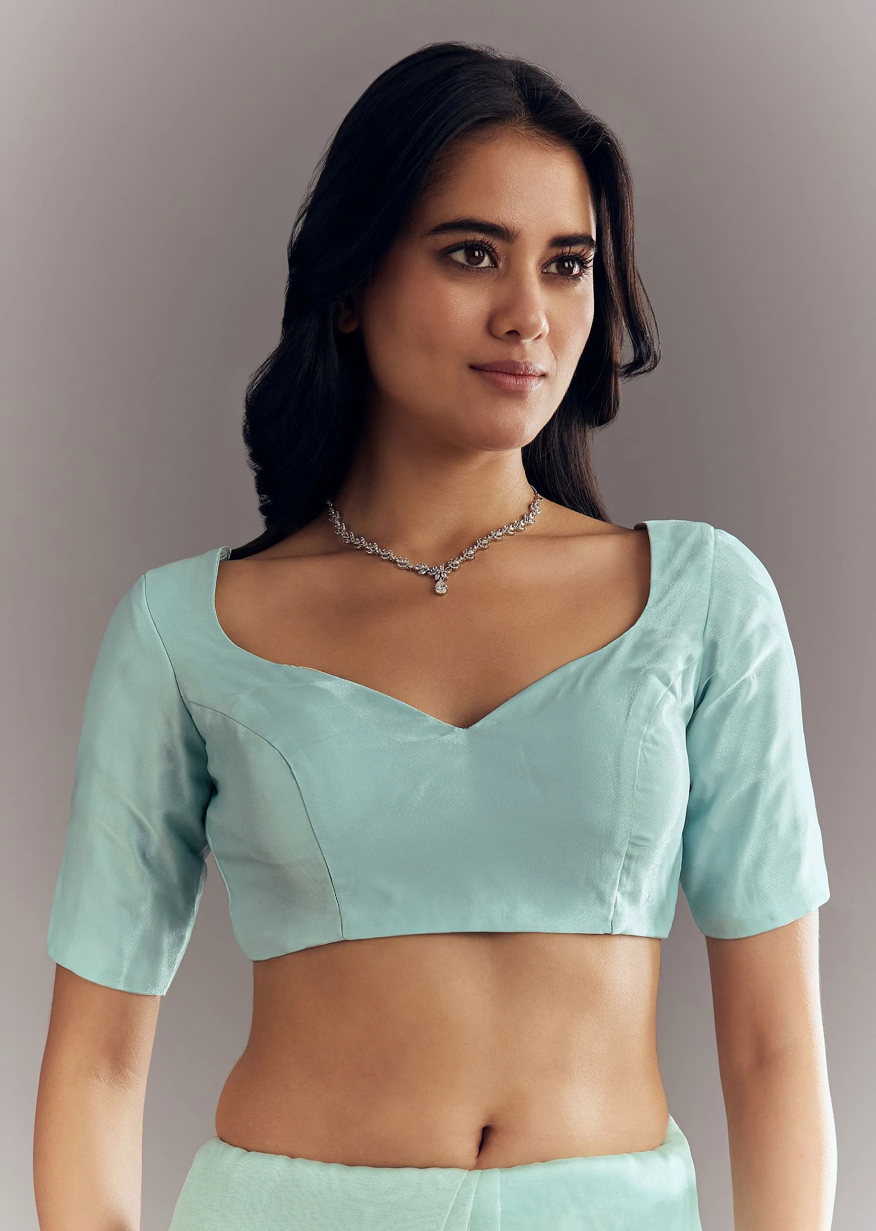 Light Blue Glass Tissue Saree With Stone Embroidery And Scallop Border - Image 7