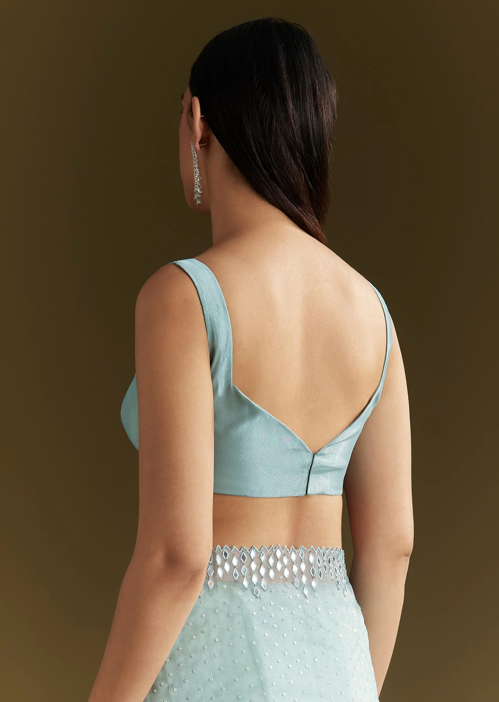 Light Blue Glossy Organza Saree With Scallop Border - Image 8
