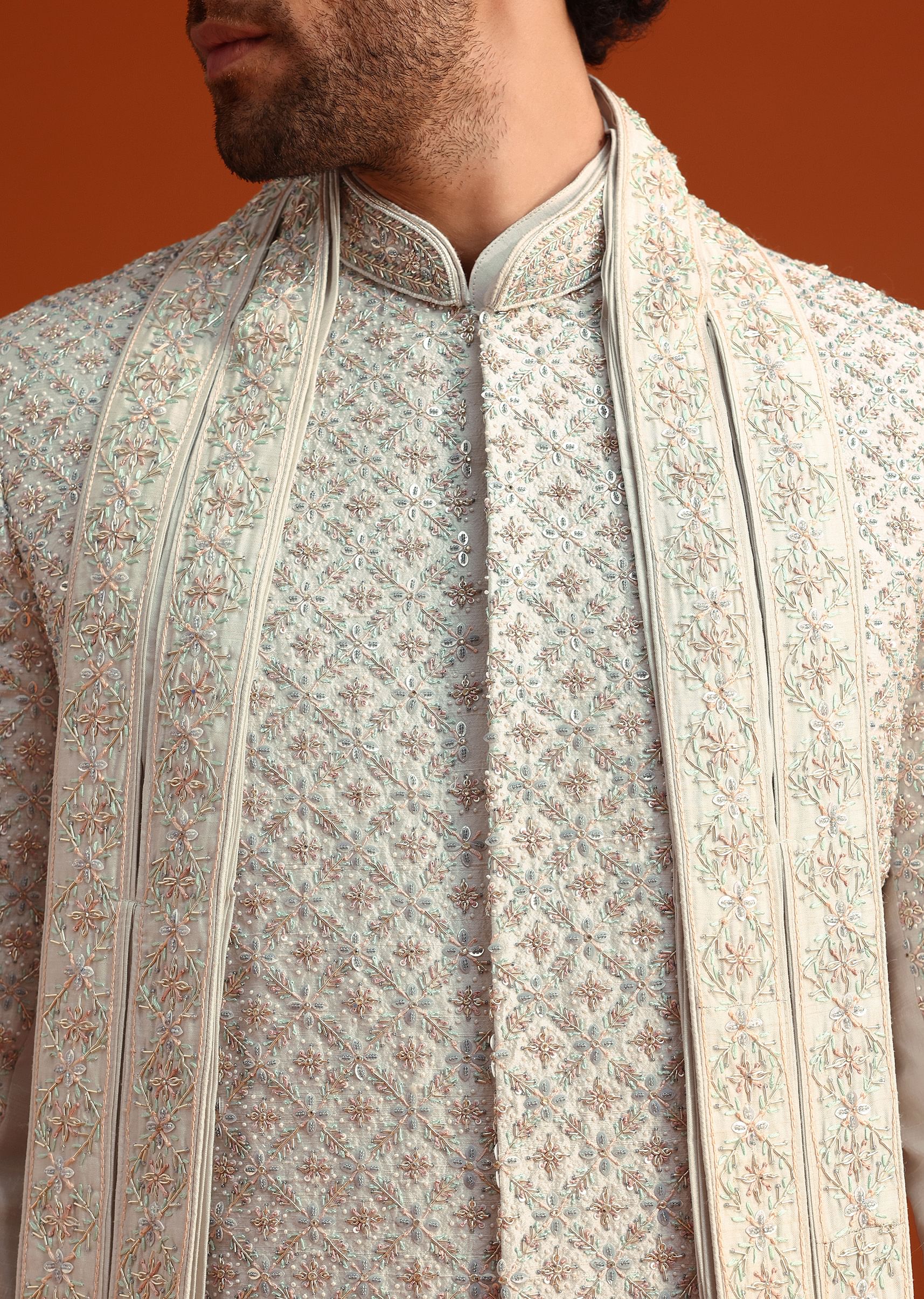 Light Blue Heavy Work Sherwani Set With Dupatta - Image 2