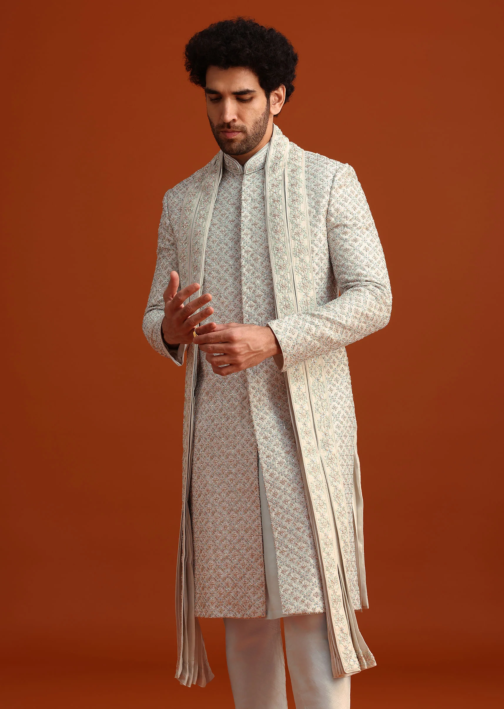 Light Blue Heavy Work Sherwani Set With Dupatta - Image 4