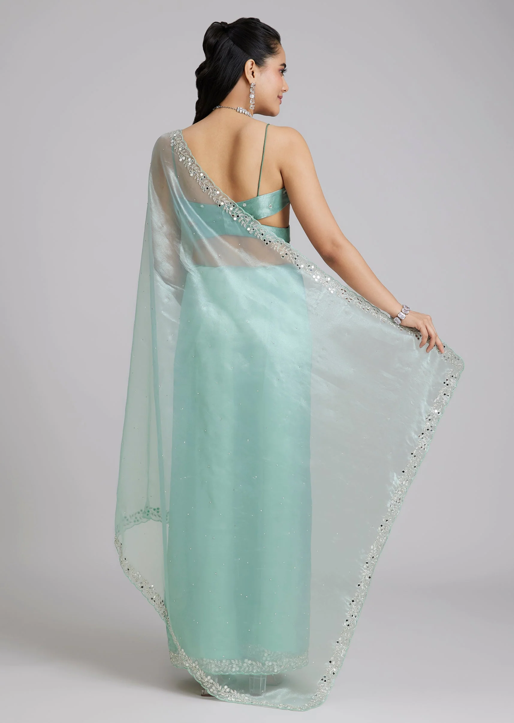 Light Blue Tissue Saree Wirh Mirror Cutdana And Stone Work - Image 4