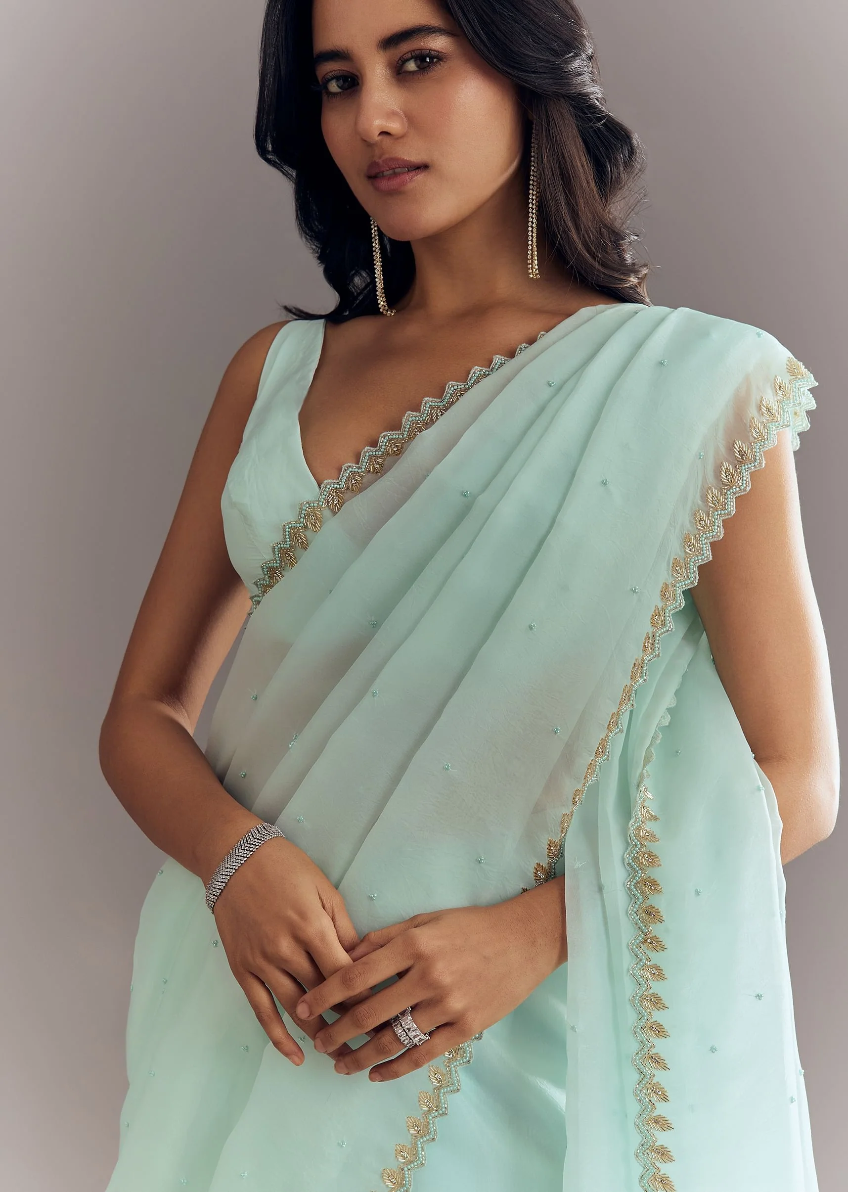 Light Blue Tissue Saree With Cutdana And Beads Embroidery And Cutwork Scallop Border - Image 2