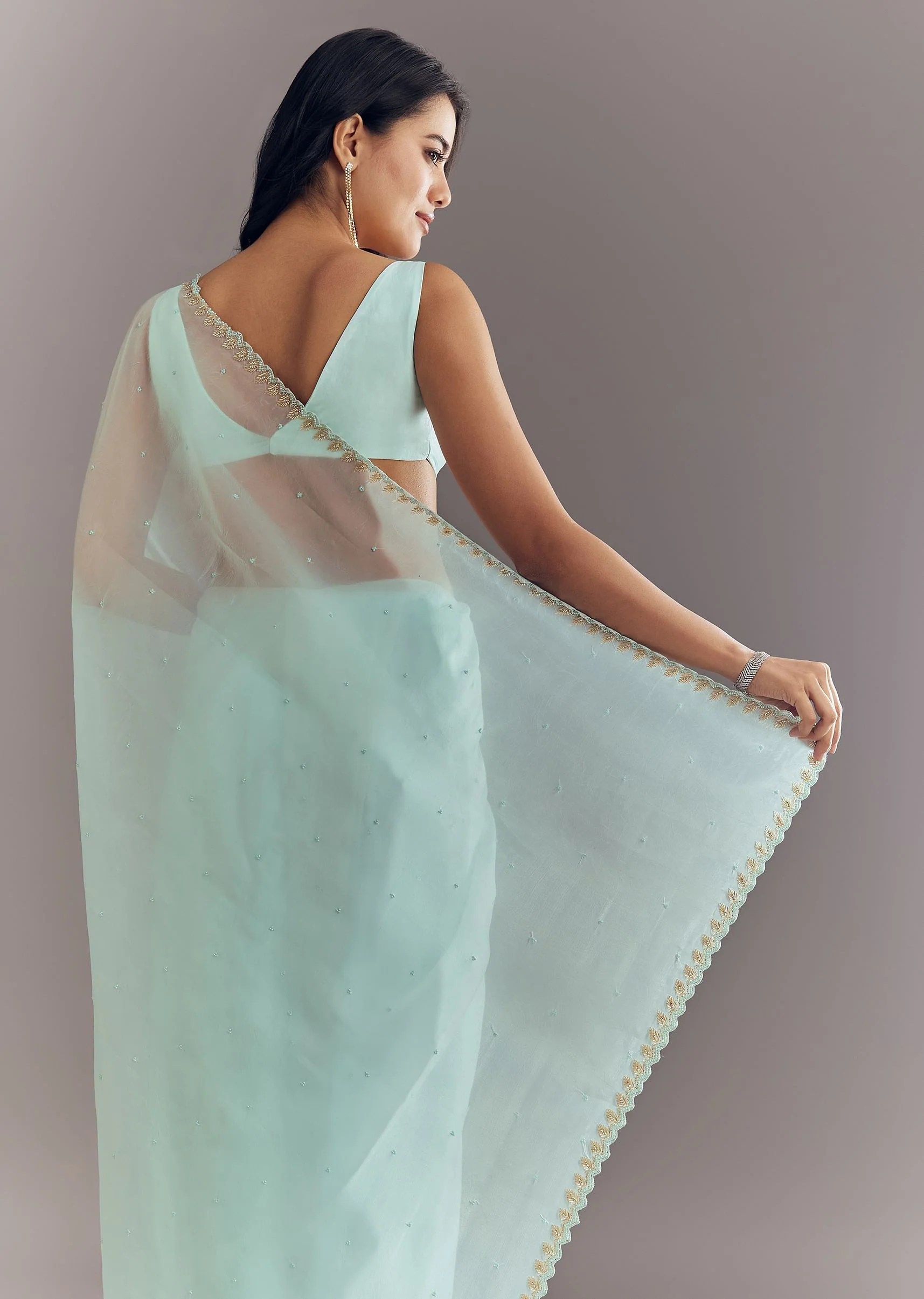 Light Blue Tissue Saree With Cutdana And Beads Embroidery And Cutwork Scallop Border - Image 4
