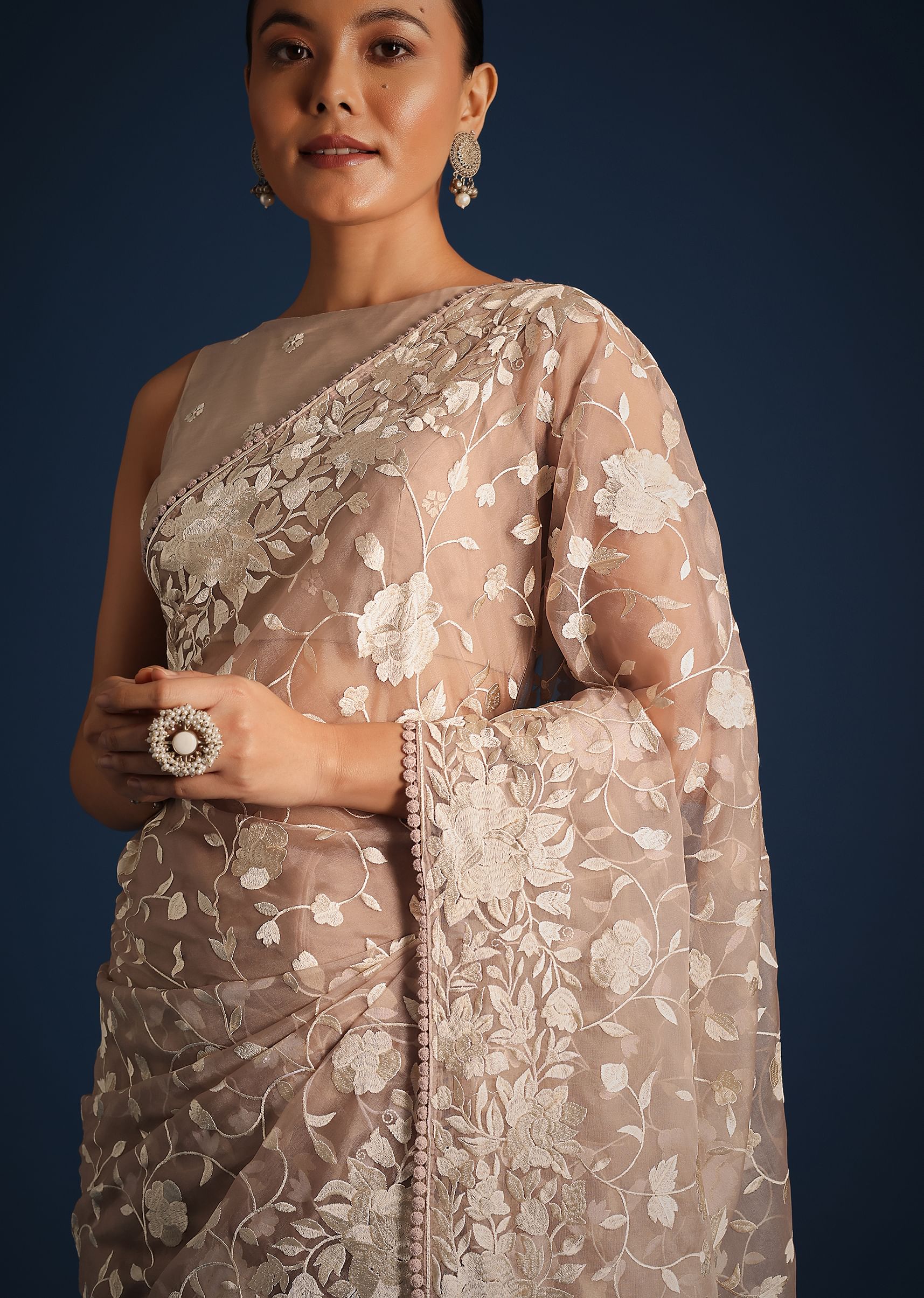 Light Brown Organza Resham Thread Embroidered Saree - Image 2