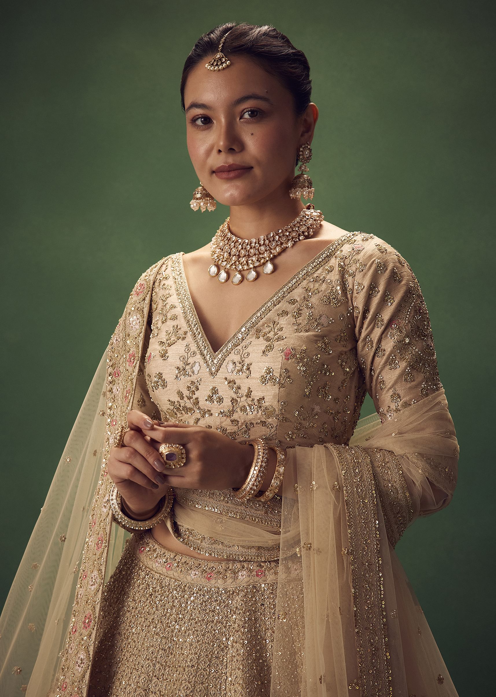 Light Gold Hand Embroidered Lehenga Set - Image 2