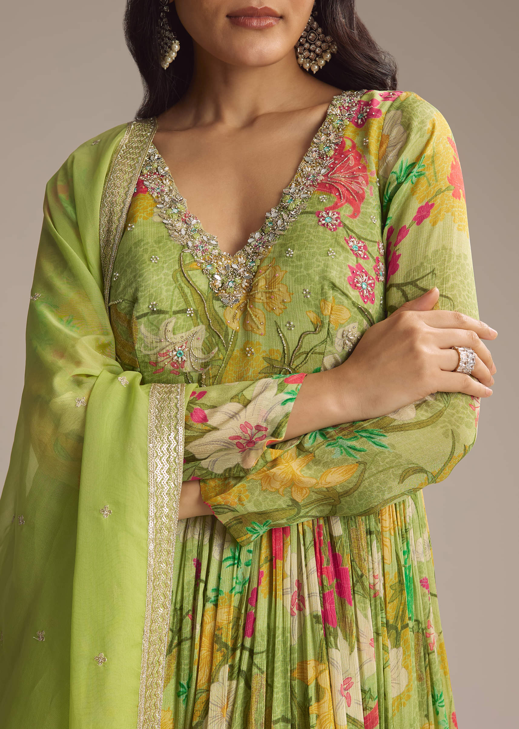 Light Green Chinon Anarkali Suit With Floral Print - Image 2