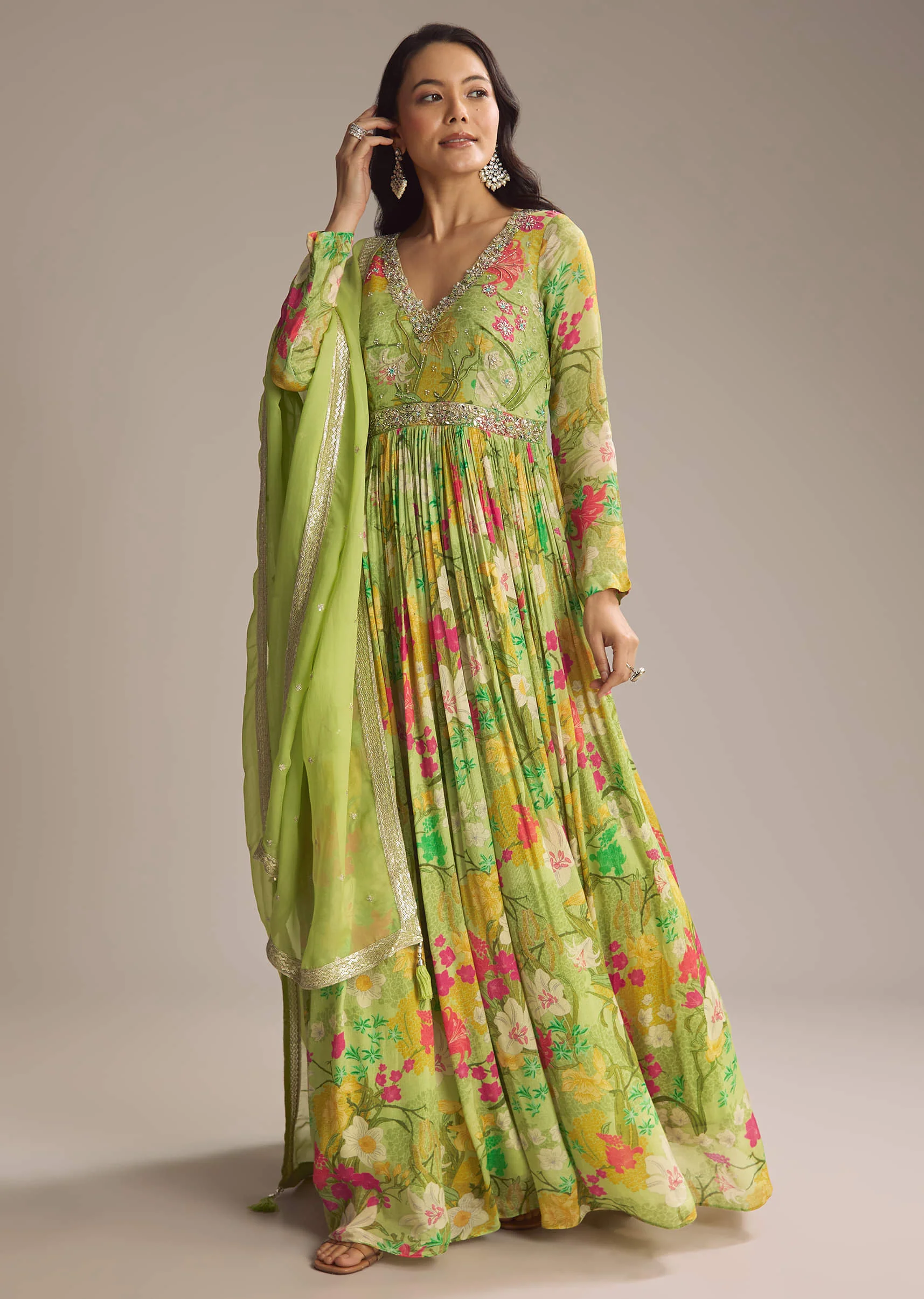 Light Green Chinon Anarkali Suit With Floral Print - Image 3