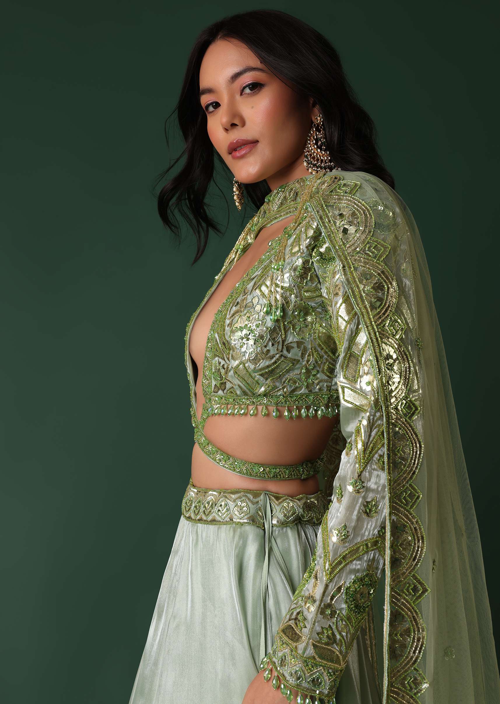 Light Green Foil Printed Bridal Lehenga And Blouse In Organza - Image 4
