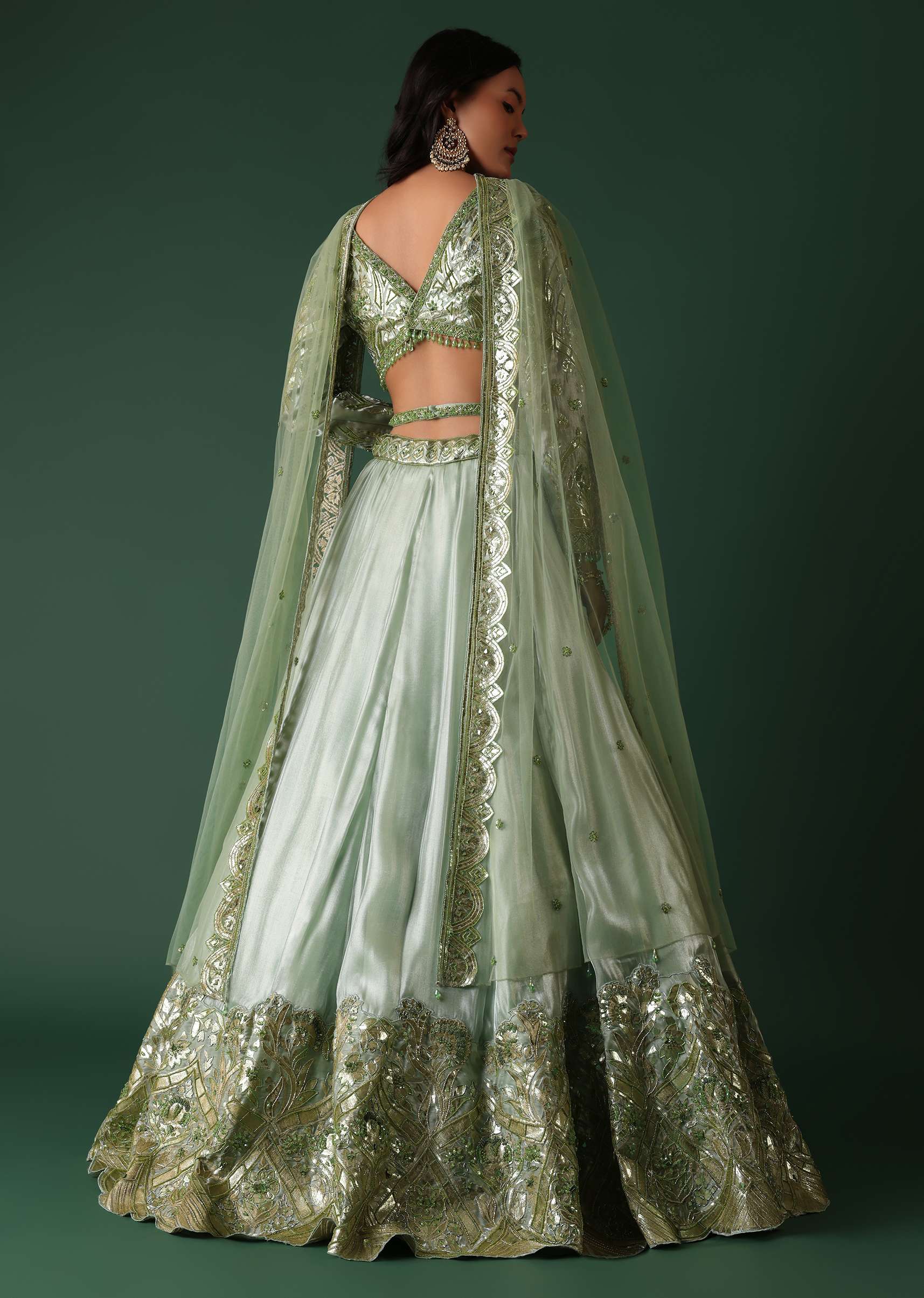 Light Green Foil Printed Bridal Lehenga And Blouse In Organza - Image 5