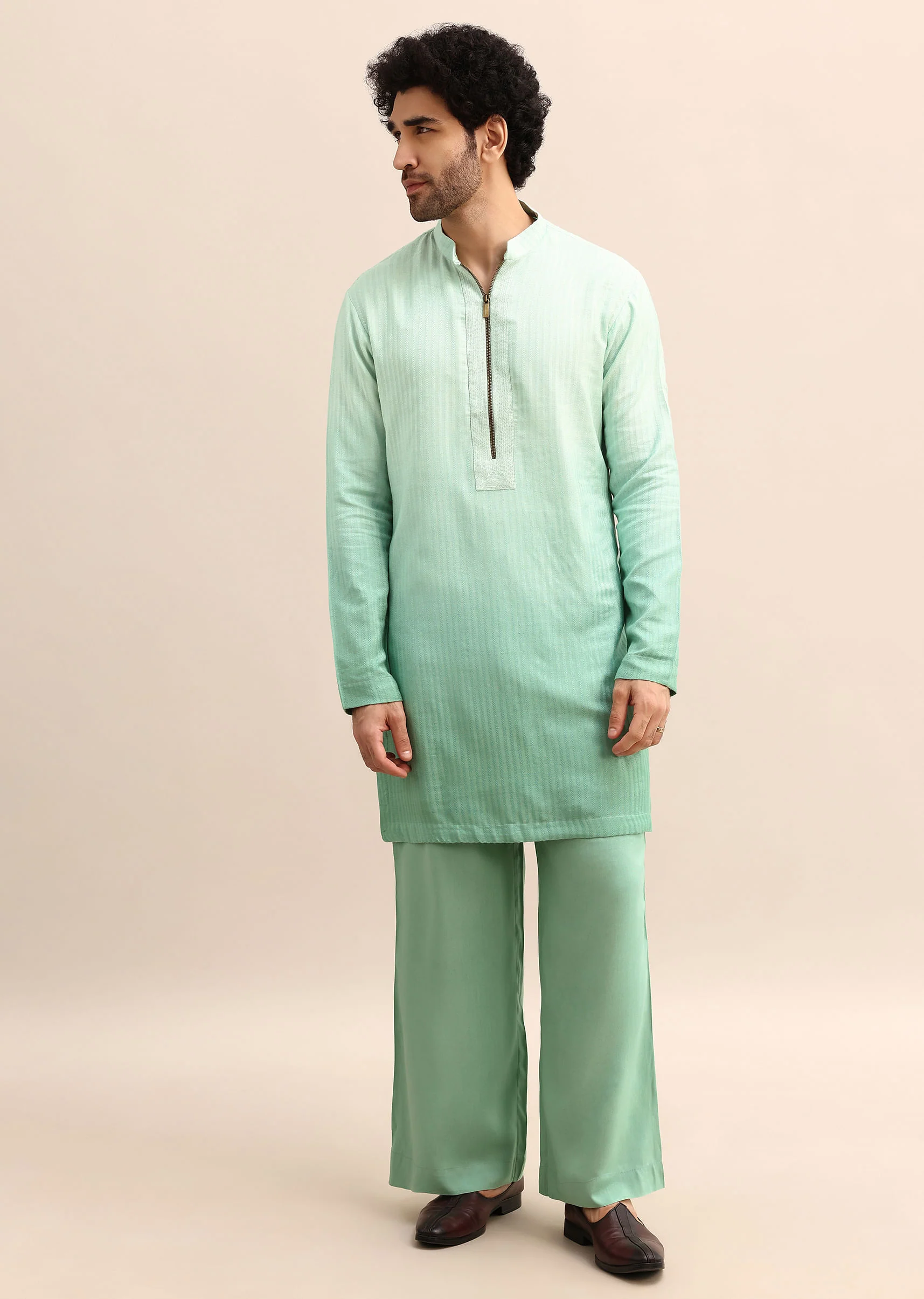 Light Green Hand Embroidered Silk Kurta Jacket Set - Image 6