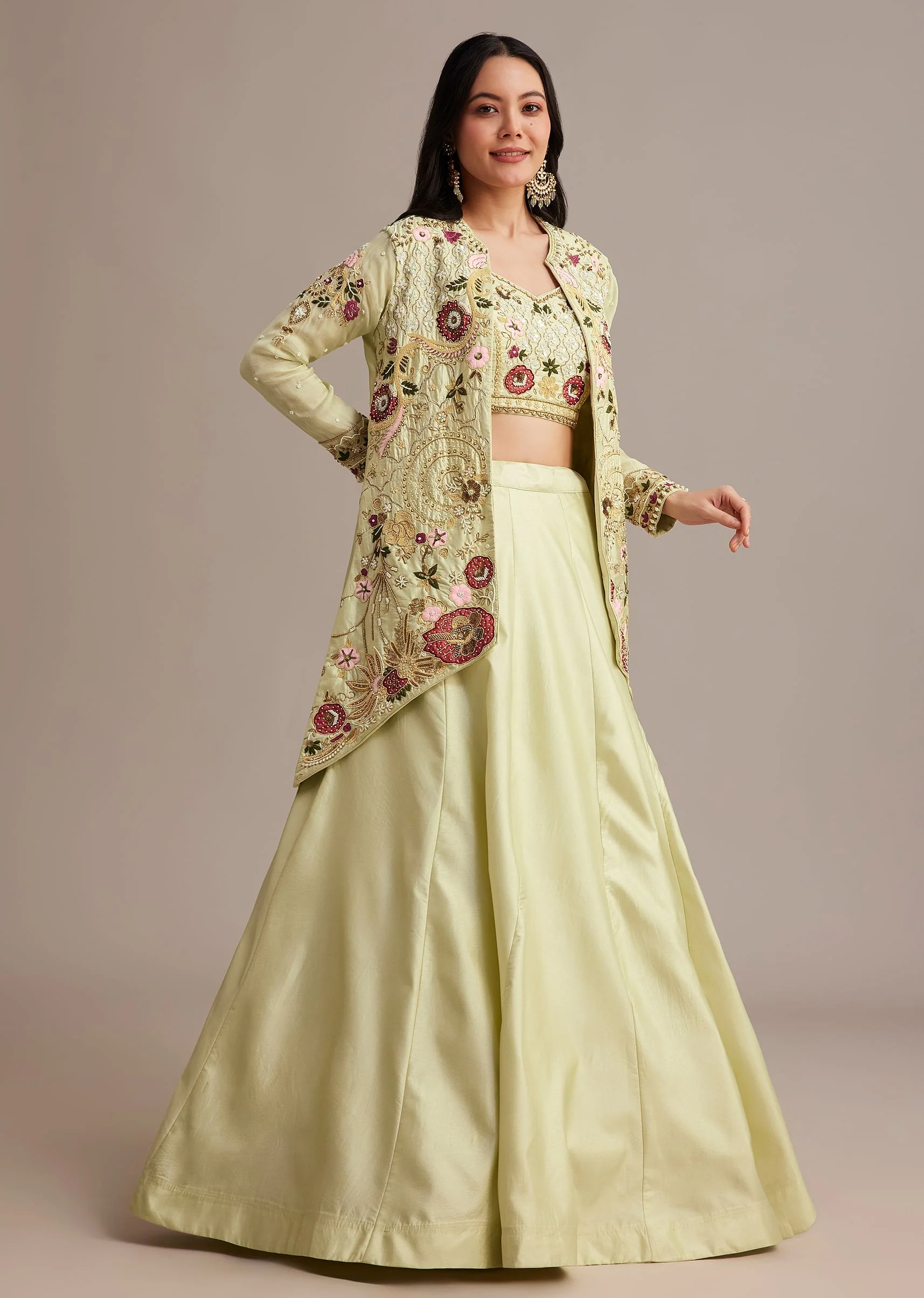 Light Green Silk Jacket Lehenga Set With Thread And Moti Work - Image 3