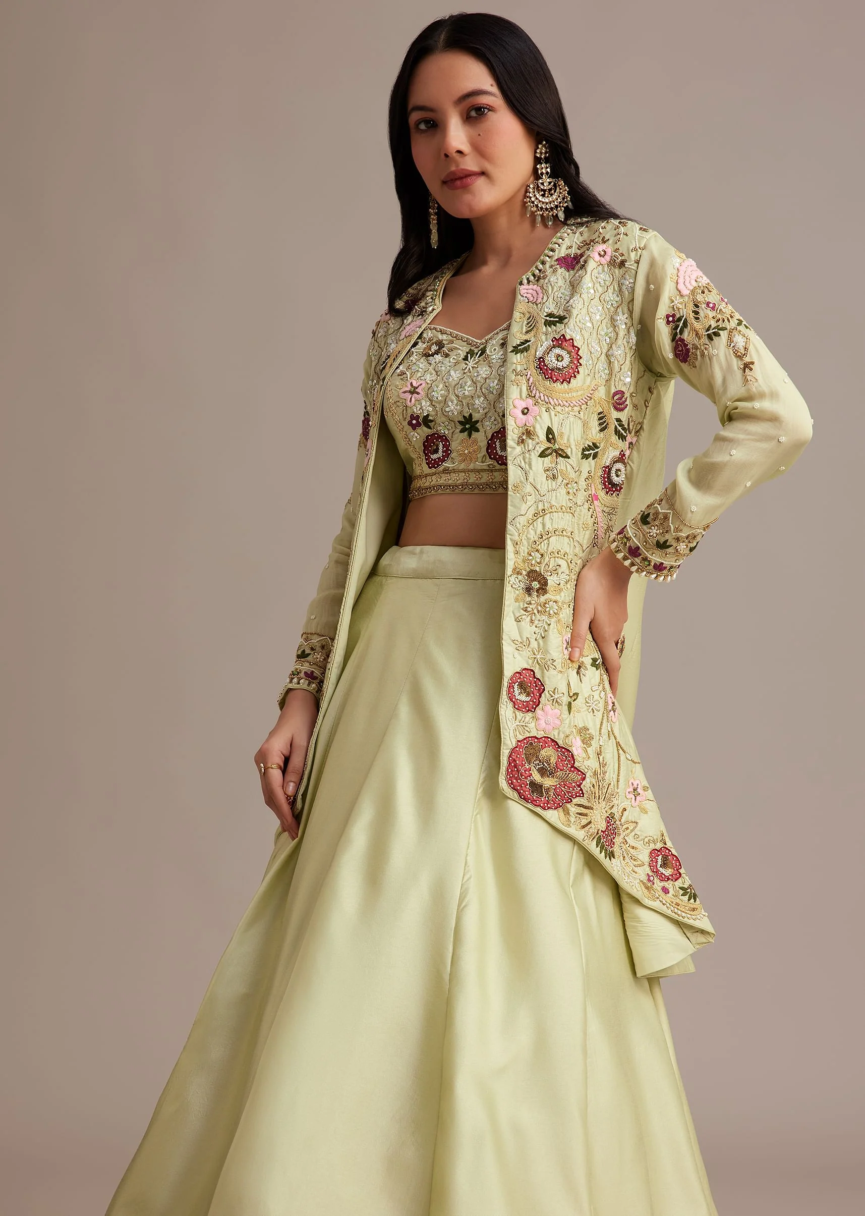 Light Green Silk Jacket Lehenga Set With Thread And Moti Work - Image 4