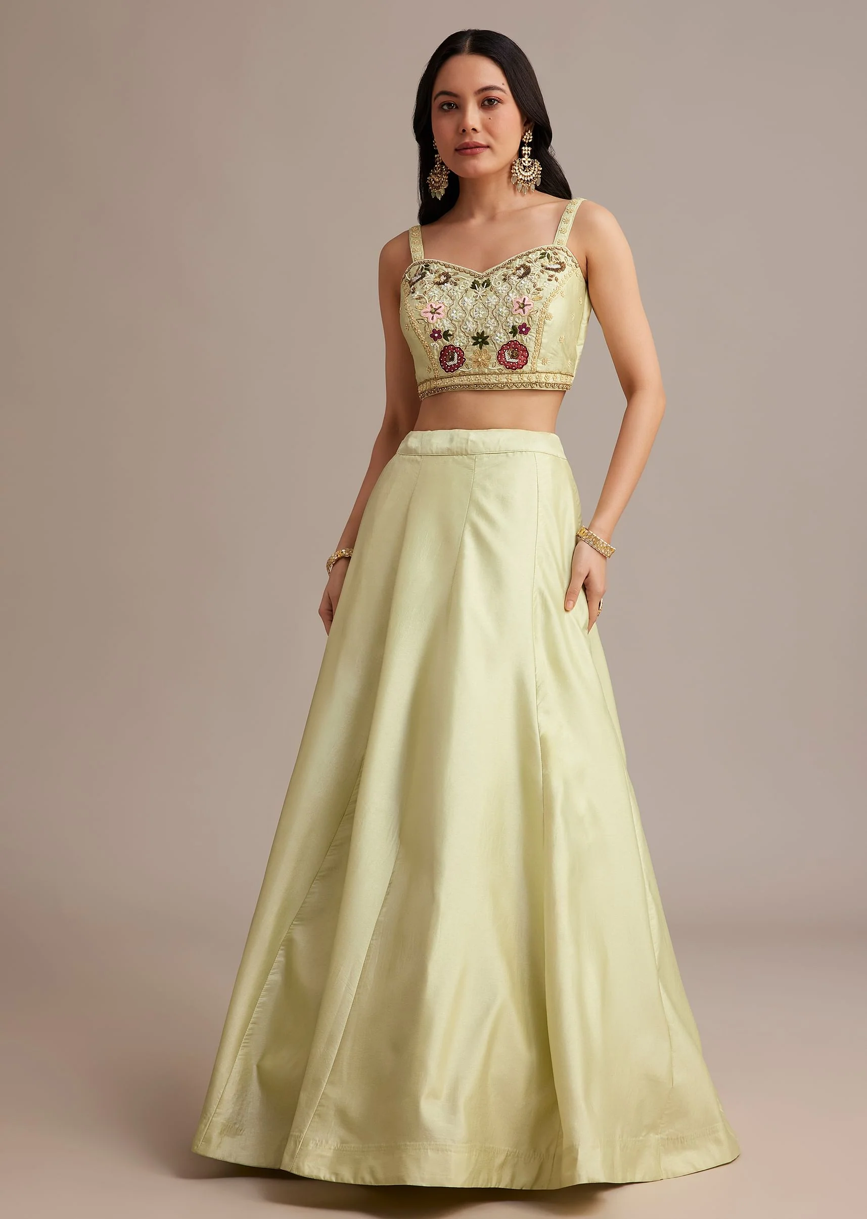 Light Green Silk Jacket Lehenga Set With Thread And Moti Work - Image 6